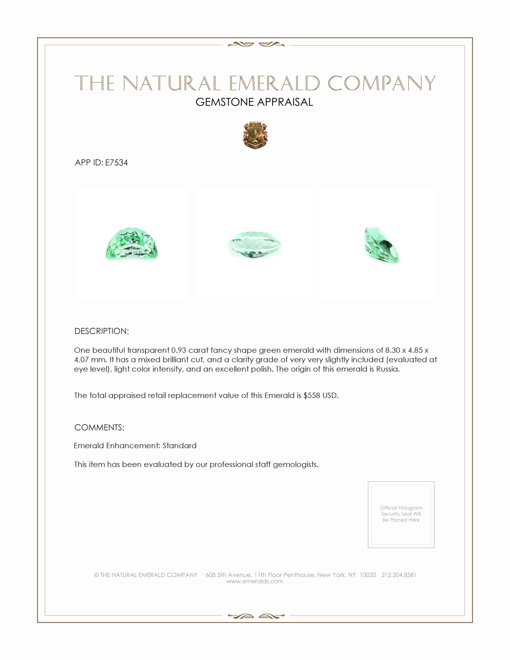 0.93 Ct. Emerald from Russia