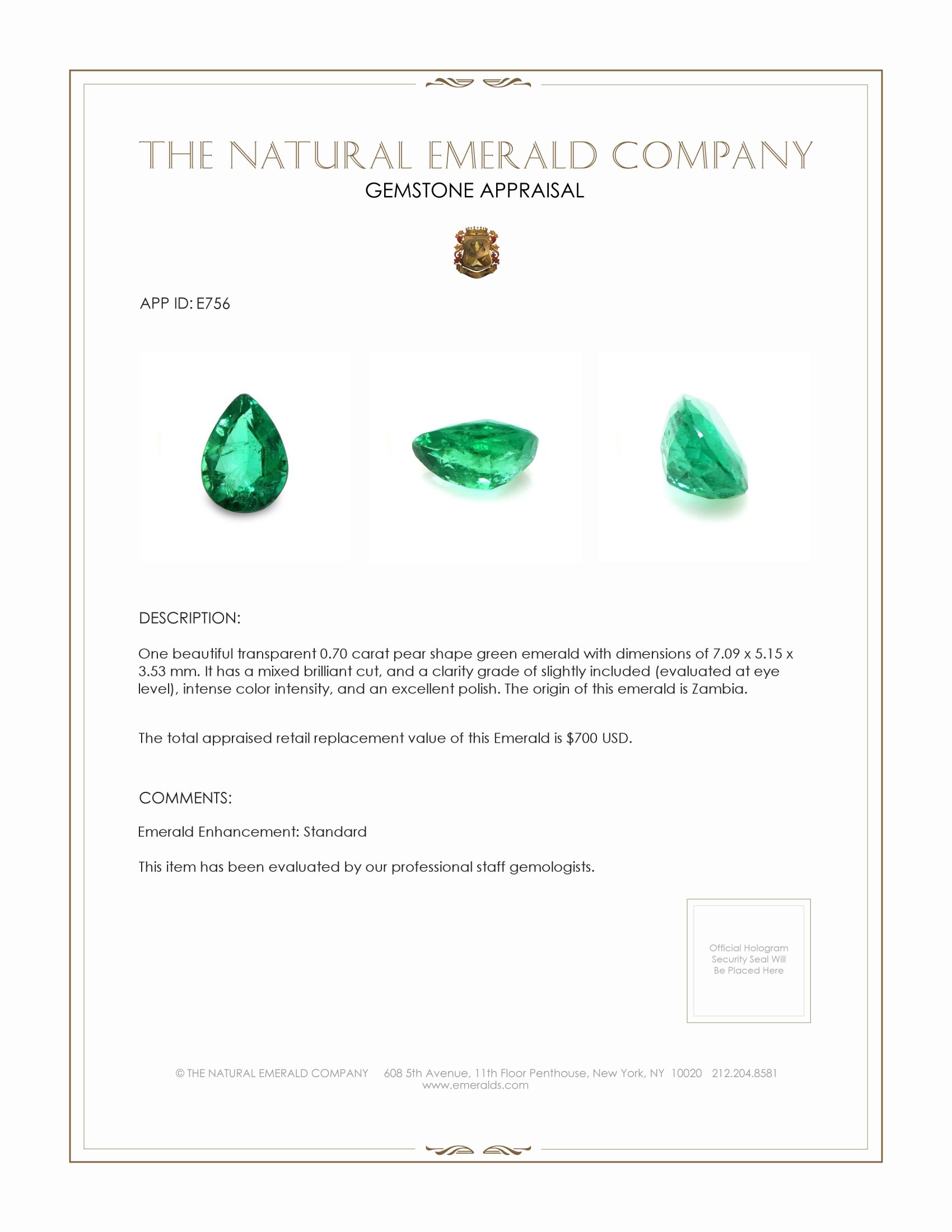 0.70 Ct. Emerald from Zambia