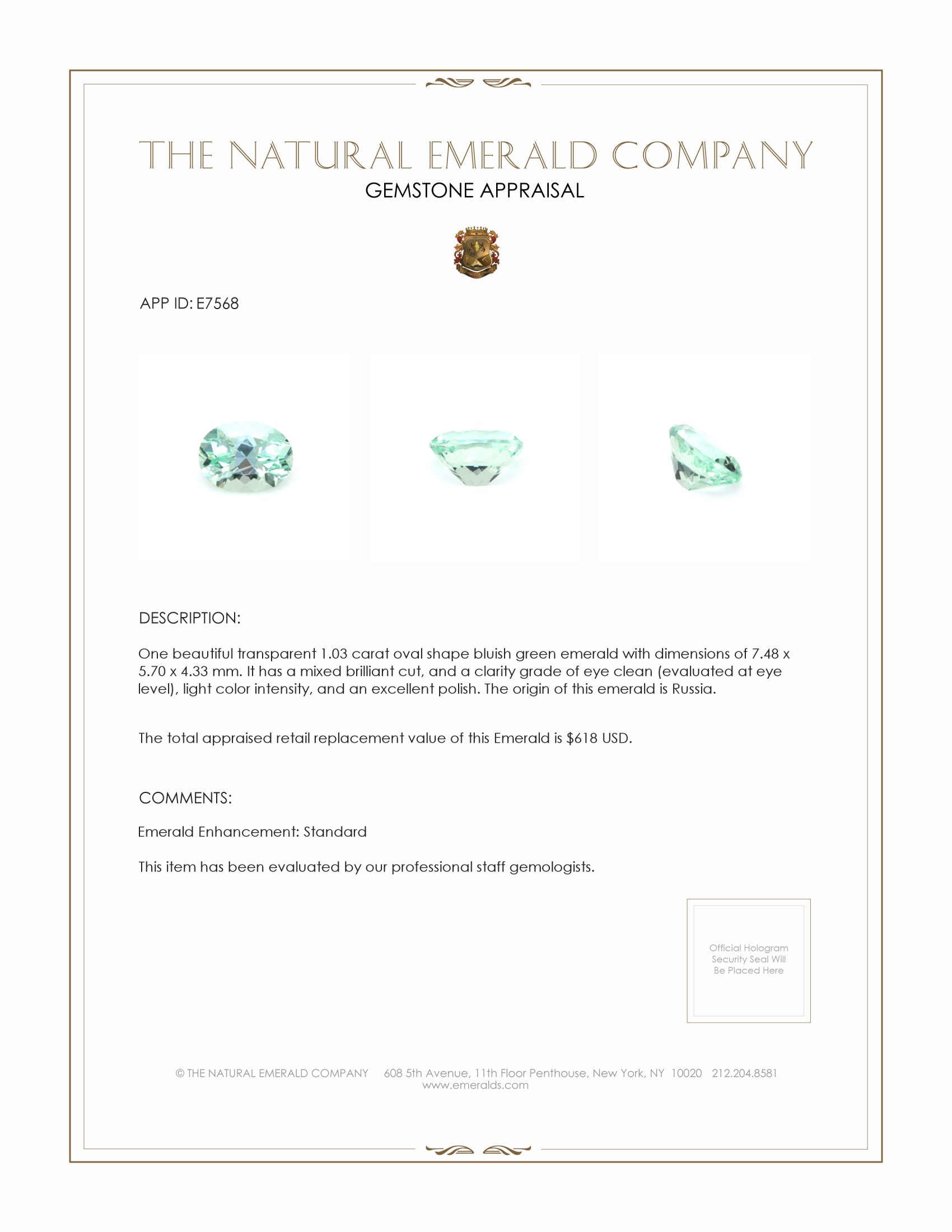 1.03 Ct. Emerald from Russia