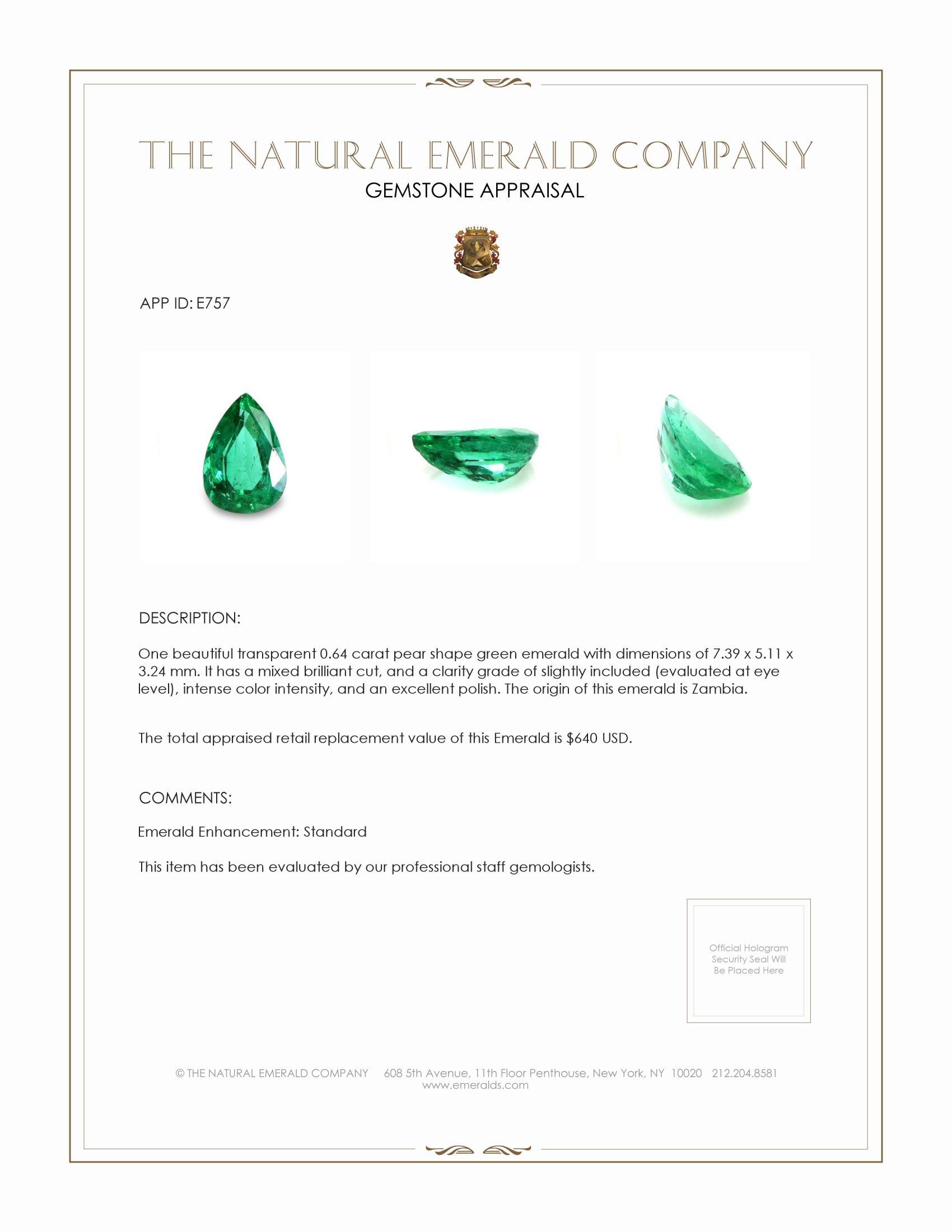 0.64 Ct. Emerald from Zambia