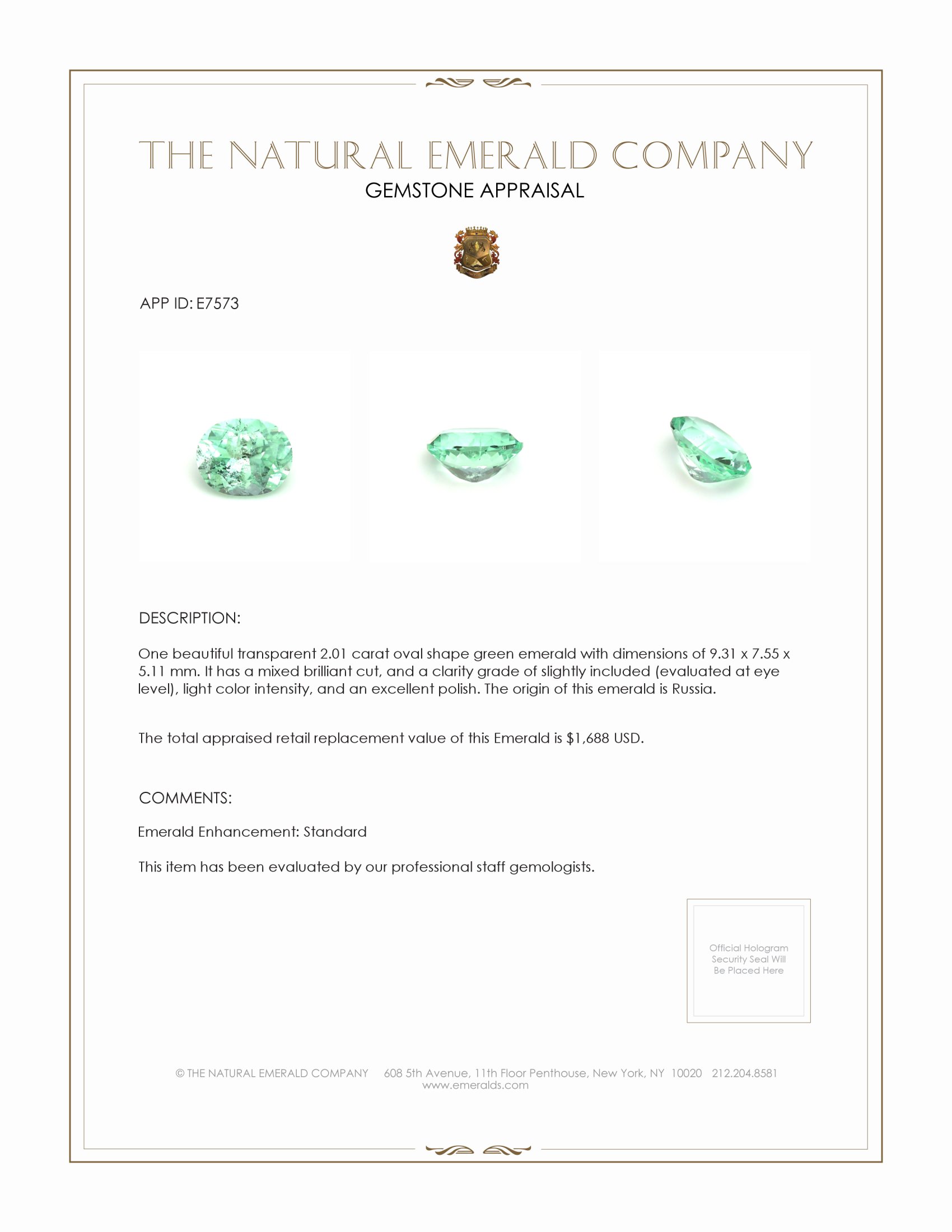 2.01 Ct. Emerald from Russia