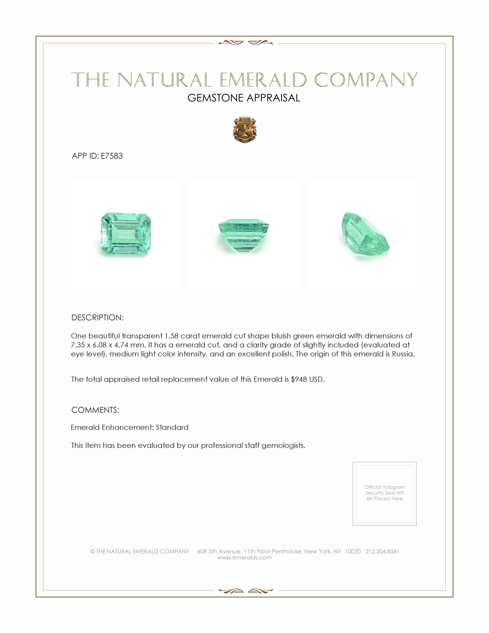 1.58 Ct. Emerald from Russia