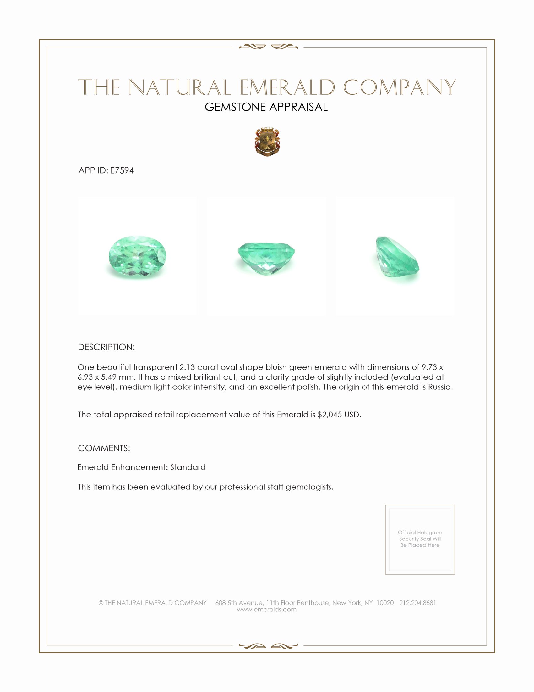 2.13 Ct. Emerald from Russia