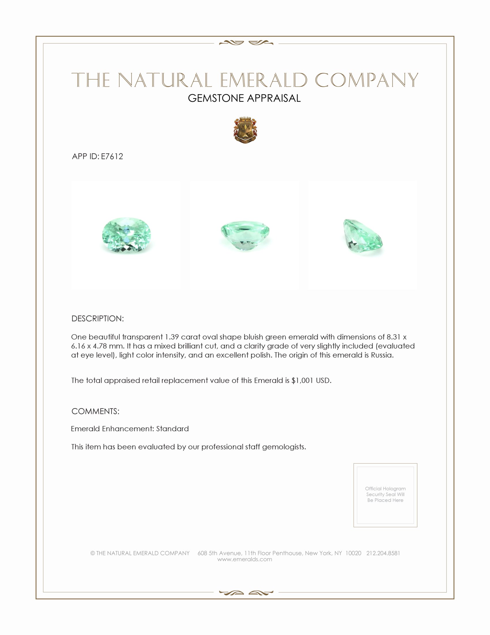 1.39 Ct. Emerald from Russia