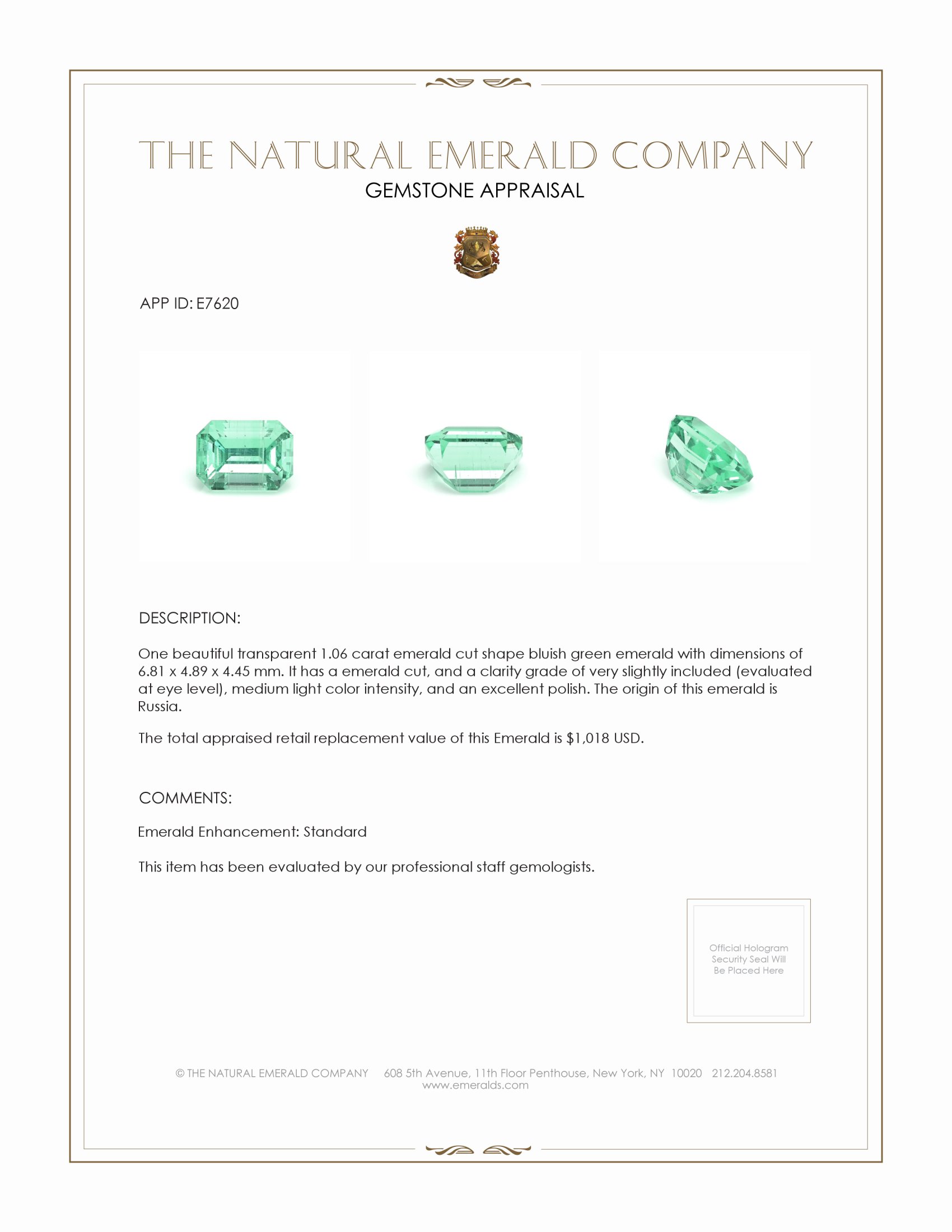 1.06 Ct. Emerald from Russia