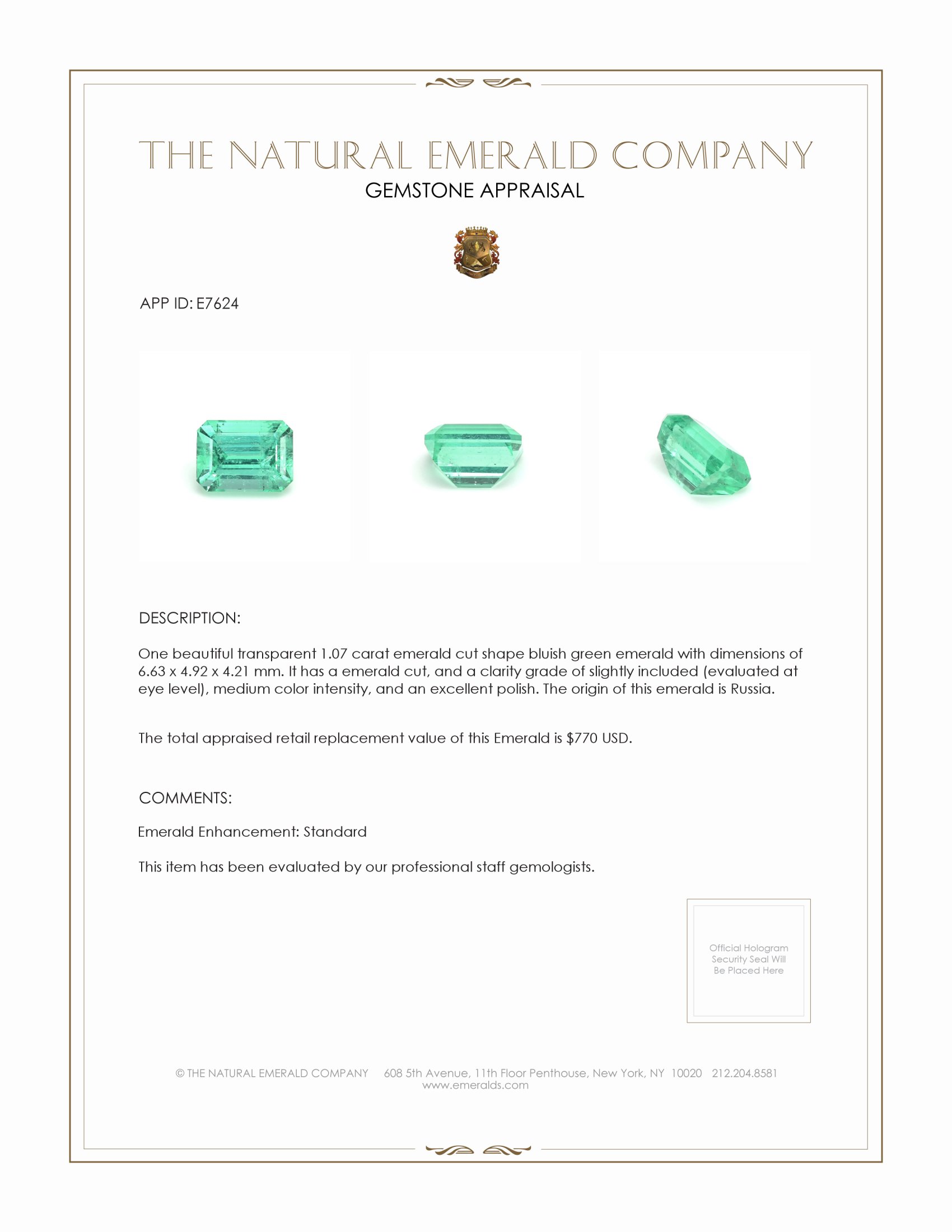 1.07 Ct. Emerald from Russia