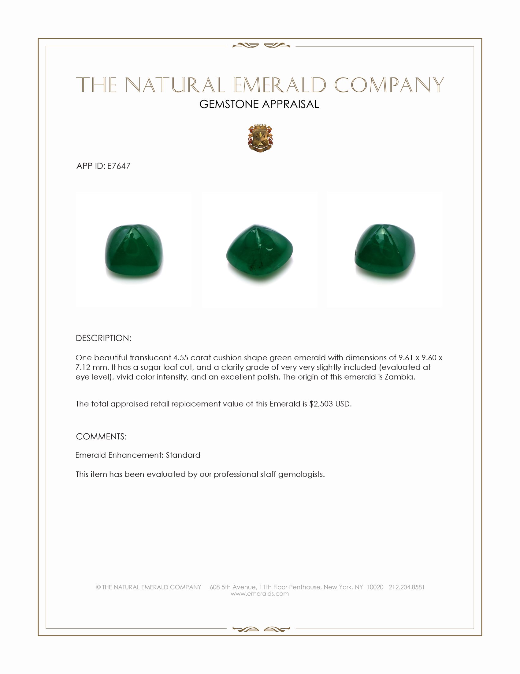 4.55 Ct. Cabochon Emerald from Zambia