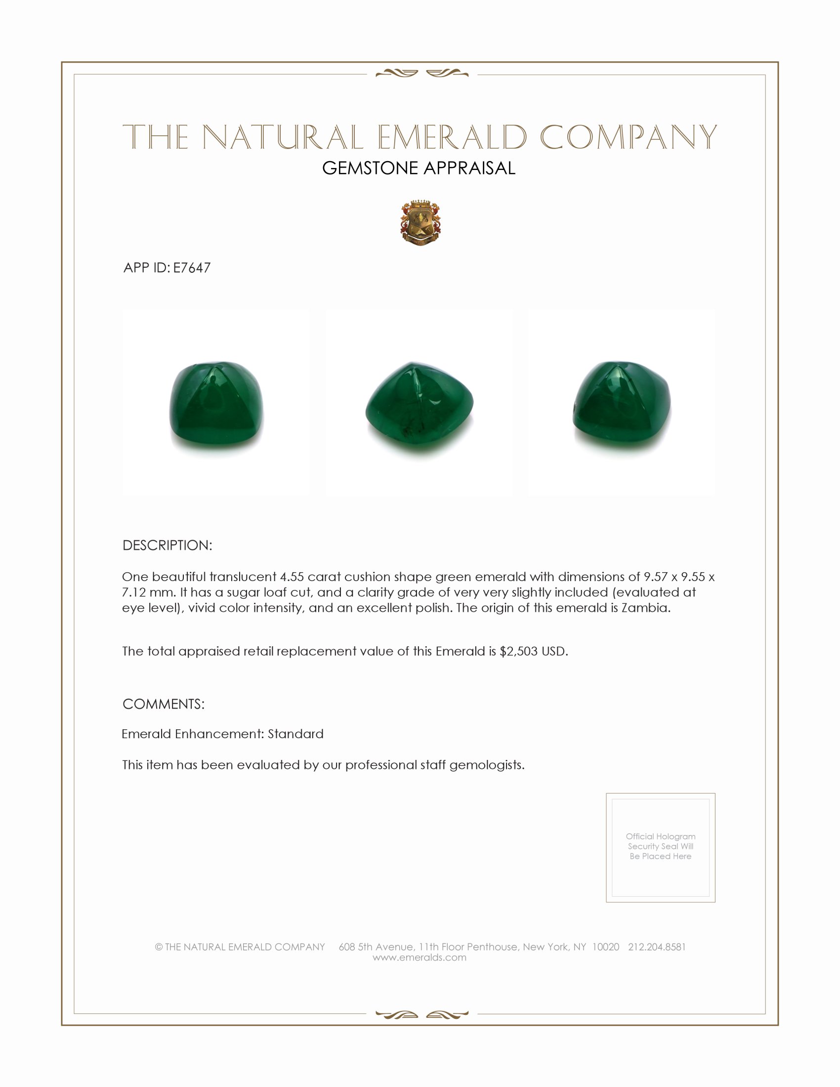 4.55 Ct. Cabochon Emerald from Zambia