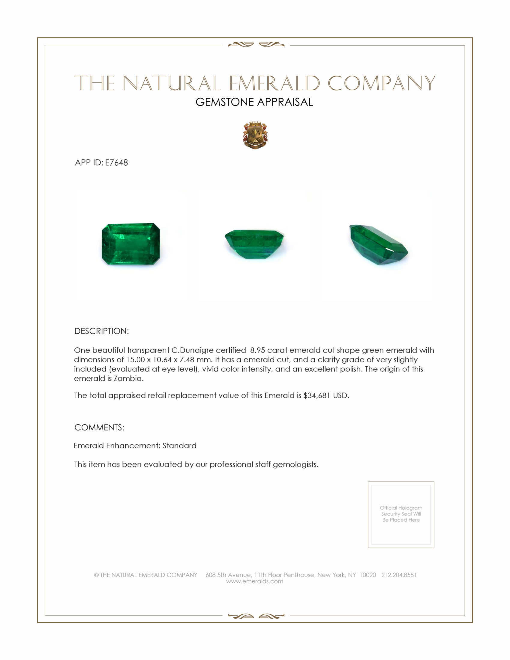 8.95 Ct. Emerald from Zambia