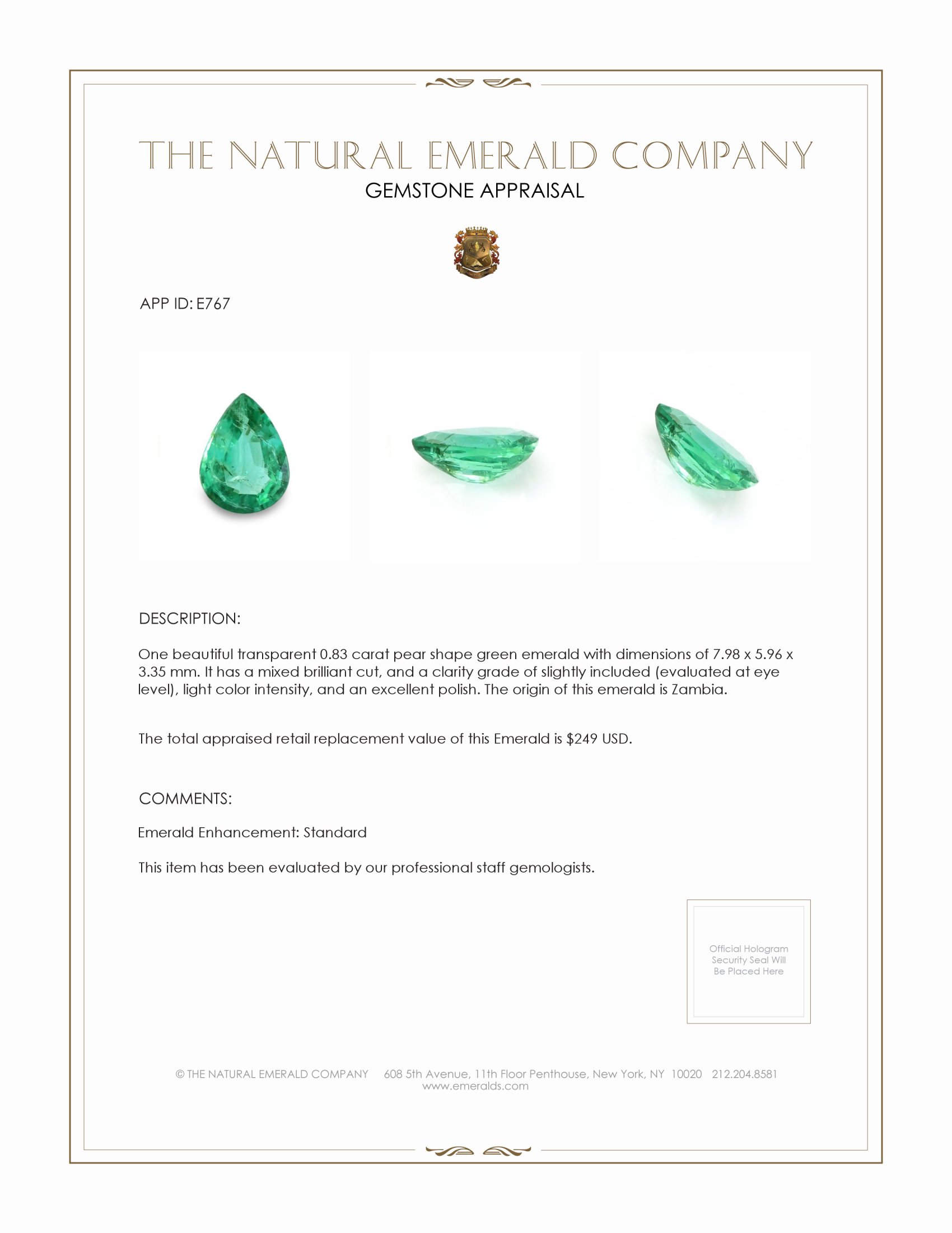 0.83 Ct. Emerald from Zambia