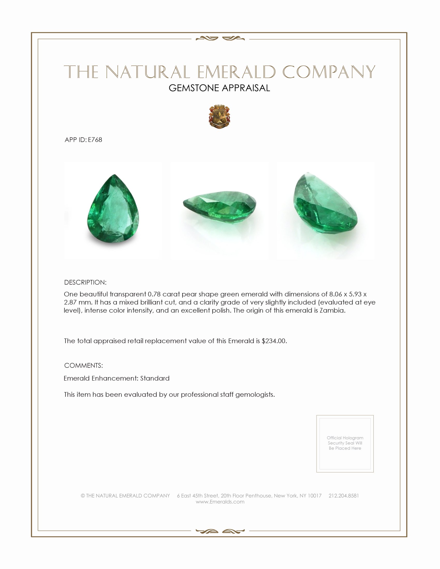 0.78 Ct. Emerald from Zambia