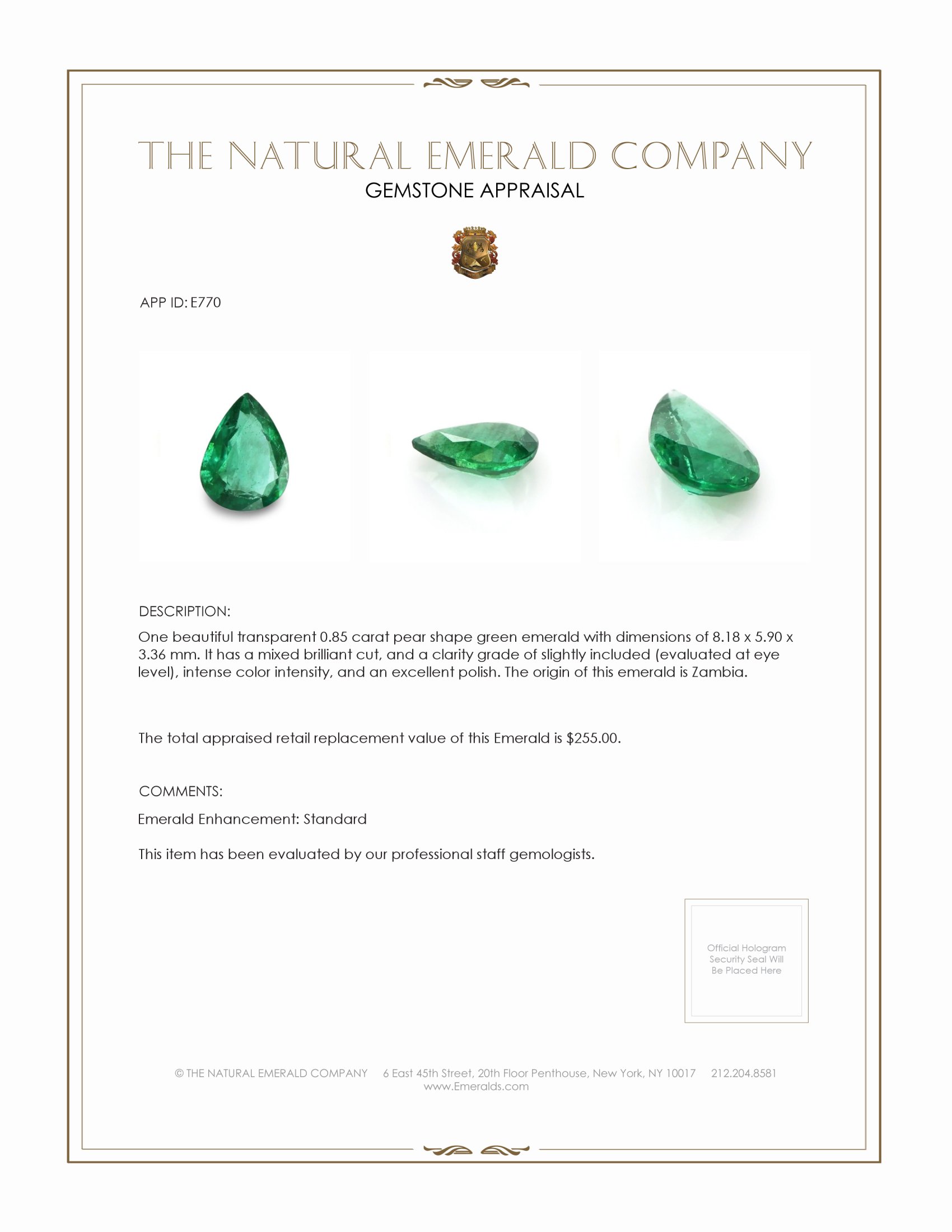 0.85 Ct. Emerald from Zambia