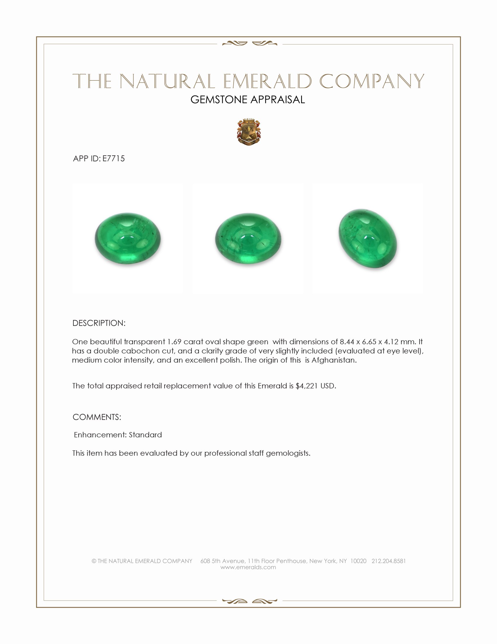 1.69 Ct. Cabochon Emerald from Afghanistan