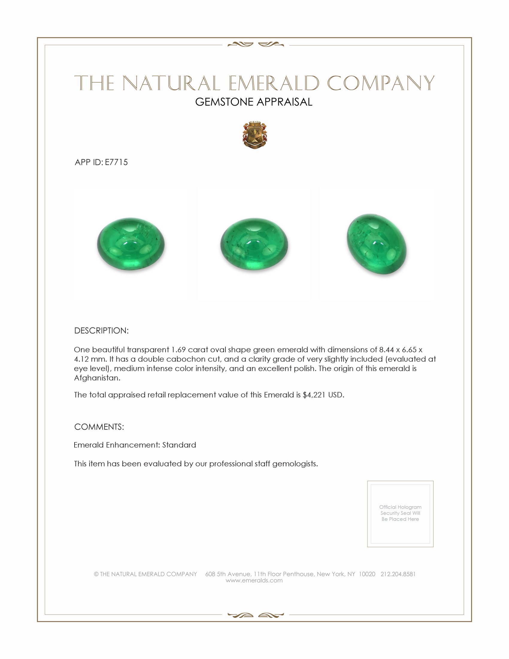 1.69 Ct. Cabochon Emerald from Afghanistan