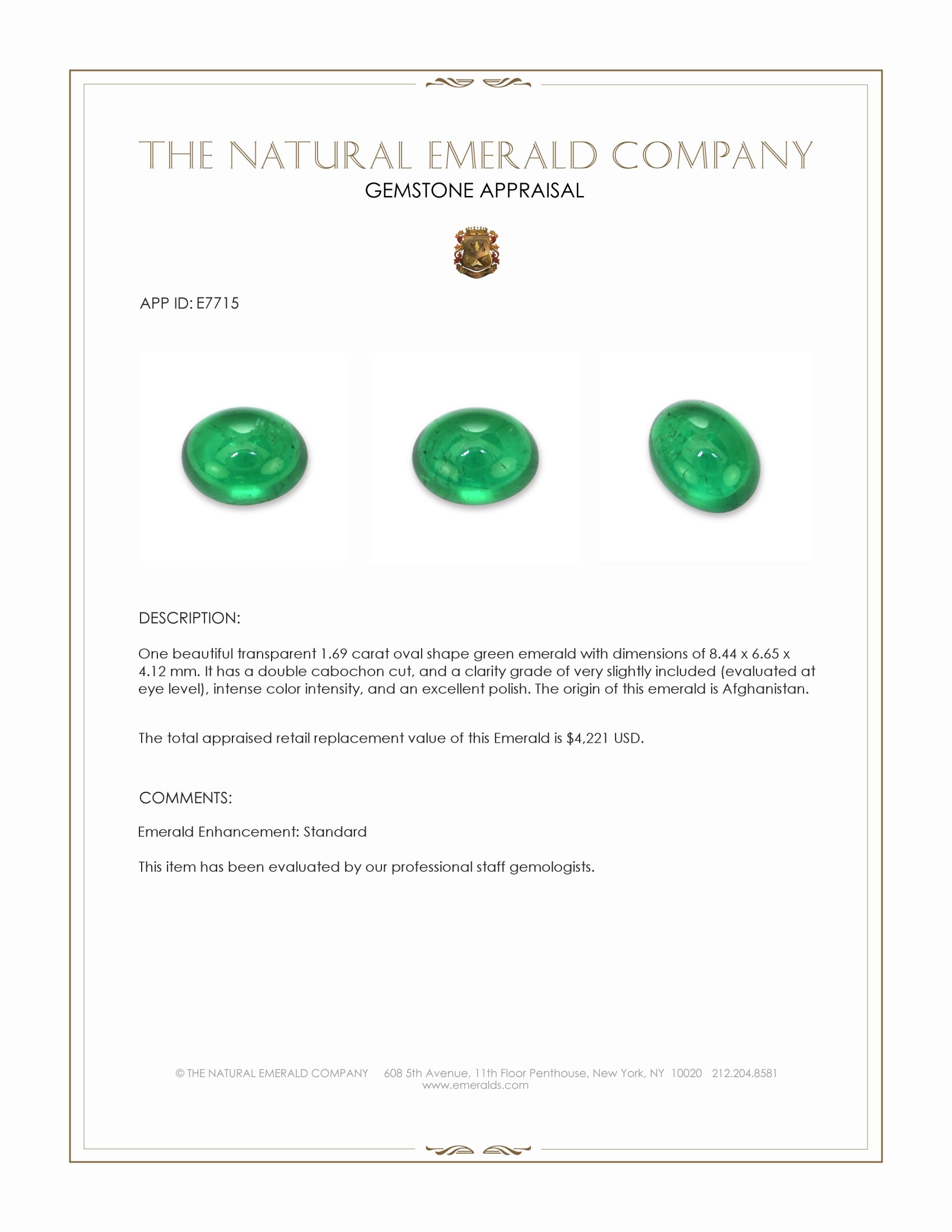 1.69 Ct. Cabochon Emerald from Afghanistan