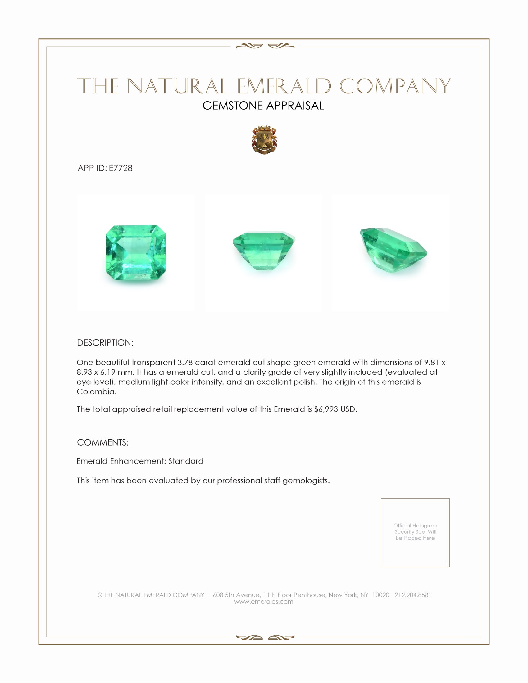 3.78 Ct. Emerald from Colombia