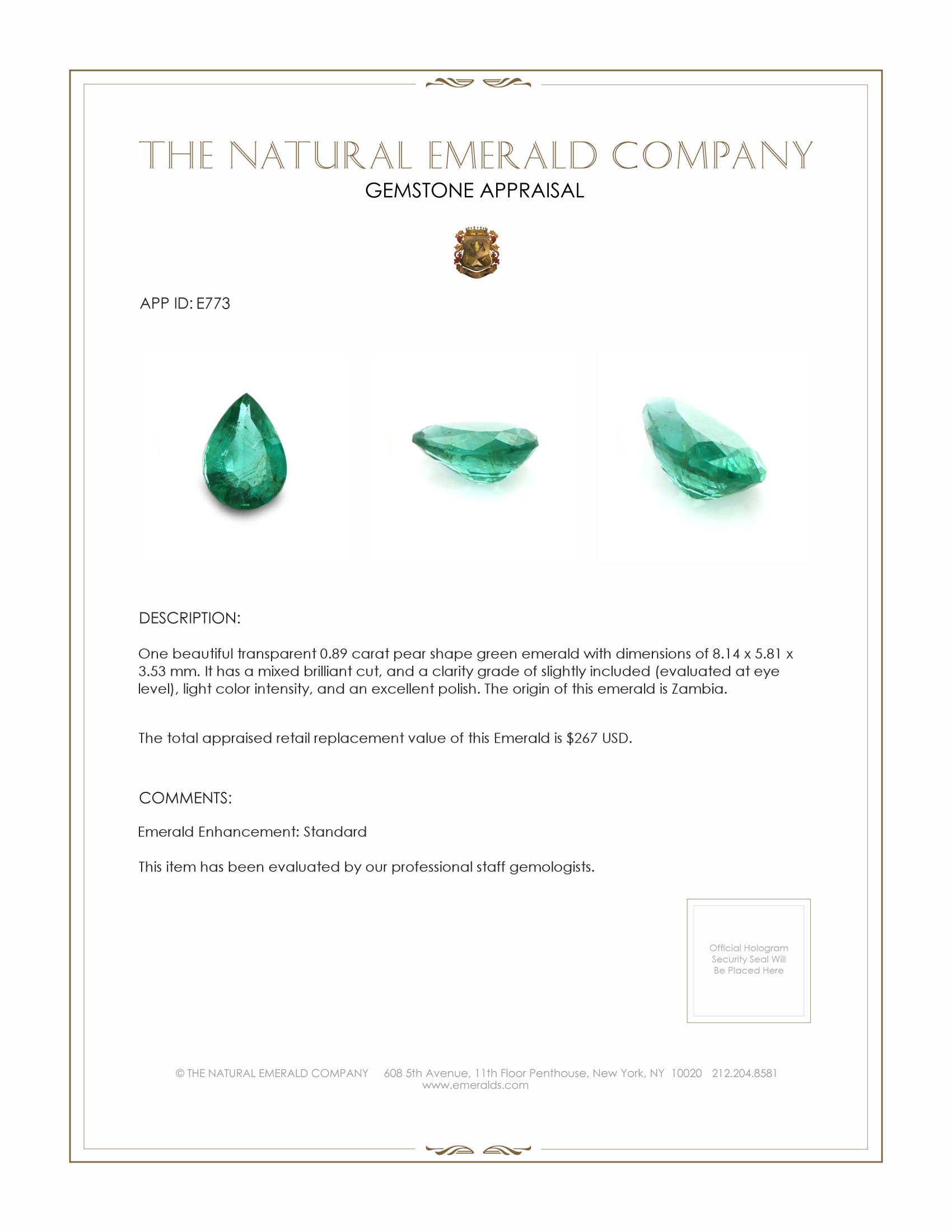 0.89 Ct. Emerald from Zambia
