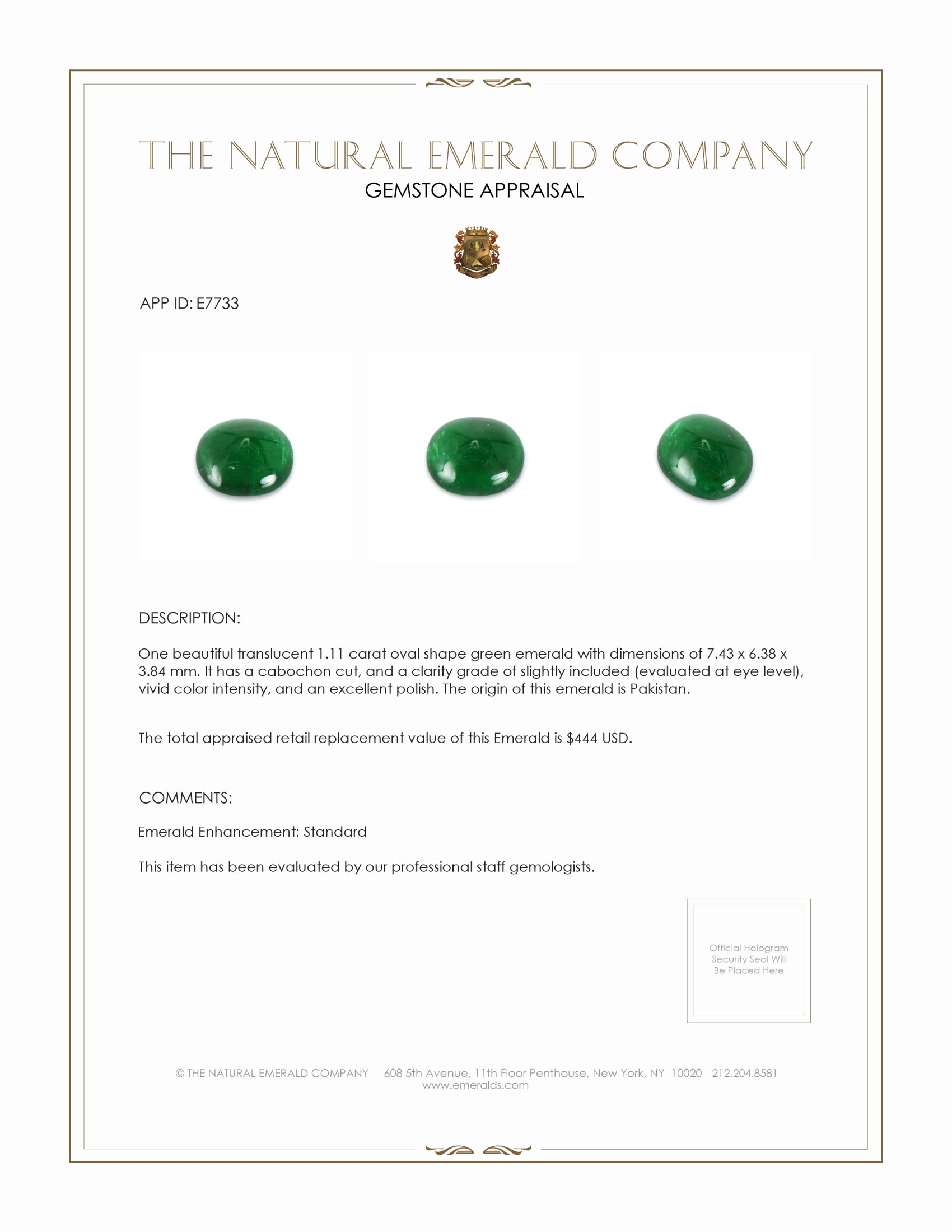 1.11 Ct. Cabochon Emerald from Pakistan