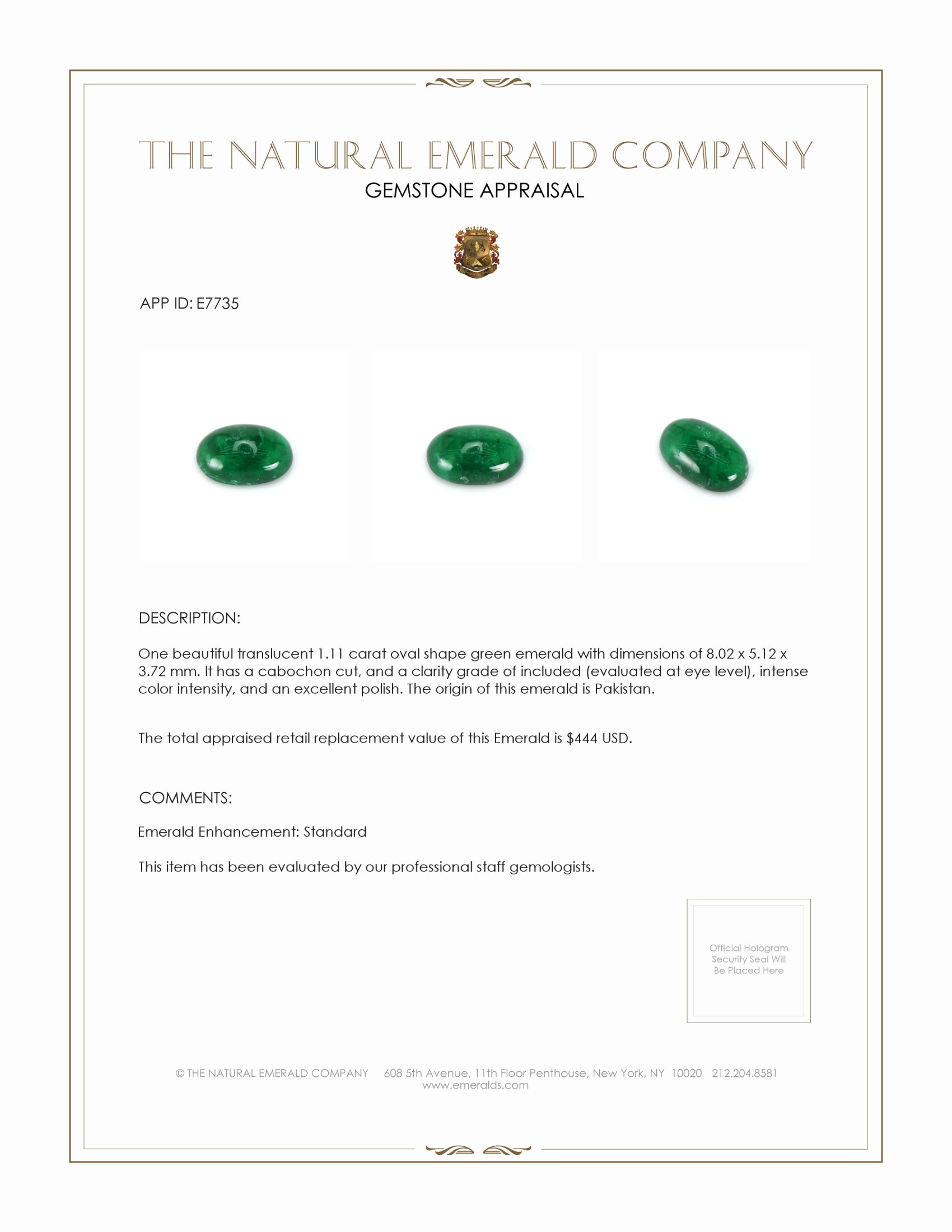 1.11 Ct. Cabochon Emerald from Pakistan