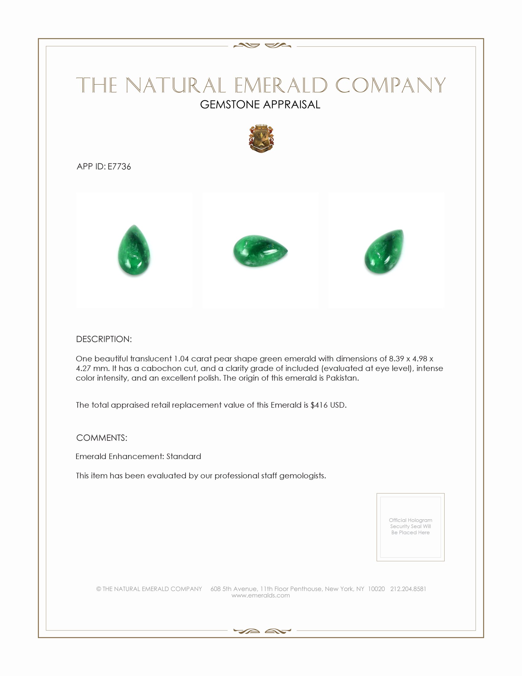 1.04 Ct. Cabochon Emerald from Pakistan