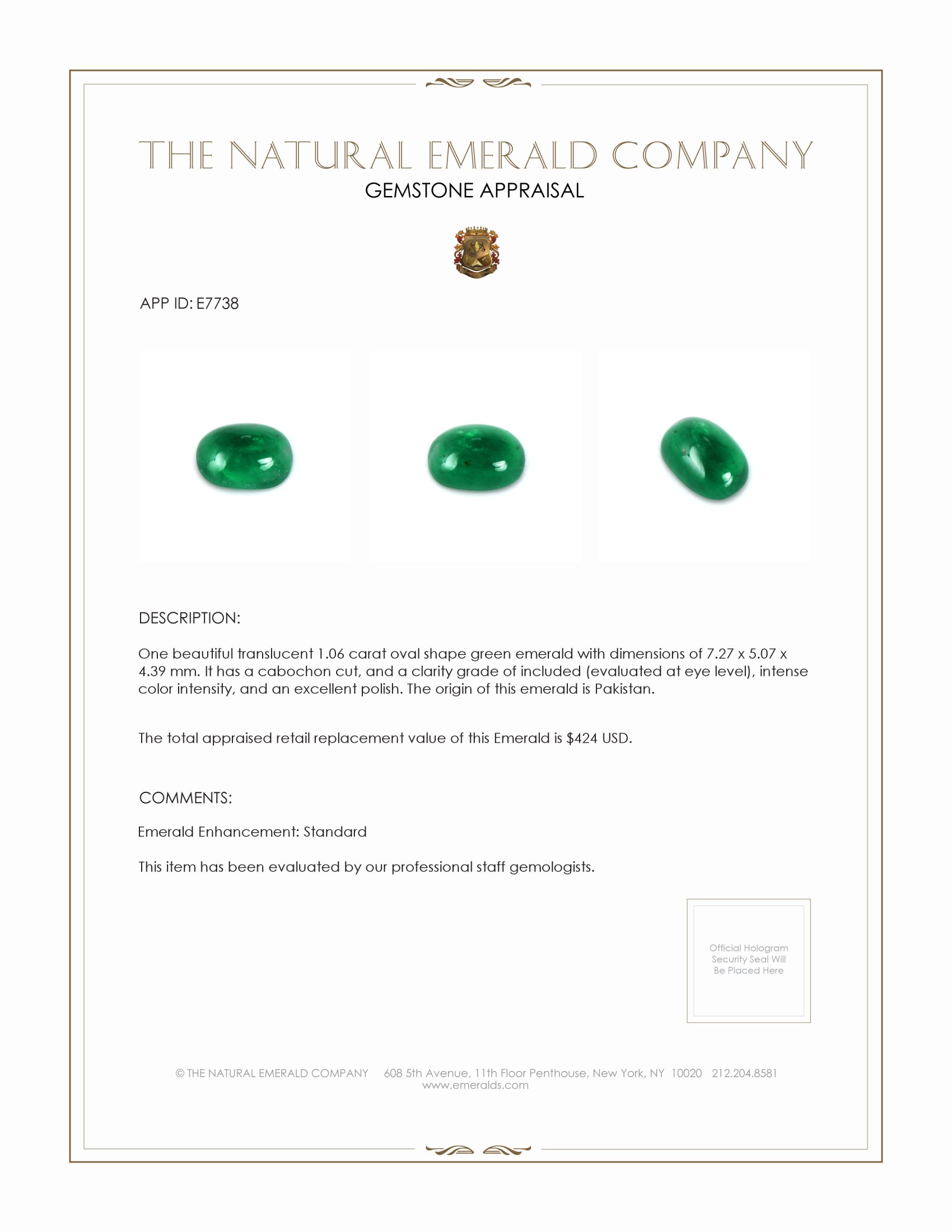 1.06 Ct. Cabochon Emerald from Pakistan