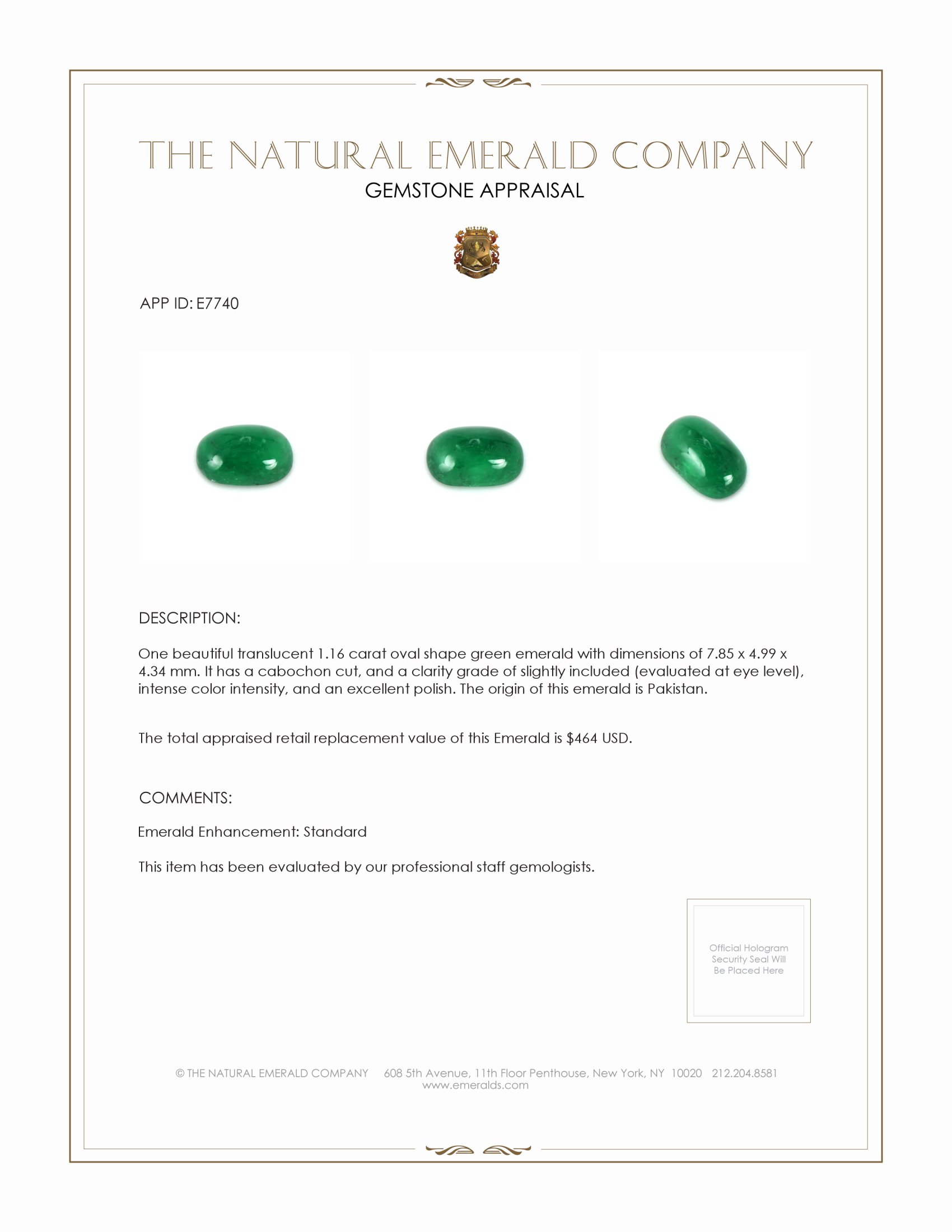 1.16 Ct. Cabochon Emerald from Pakistan