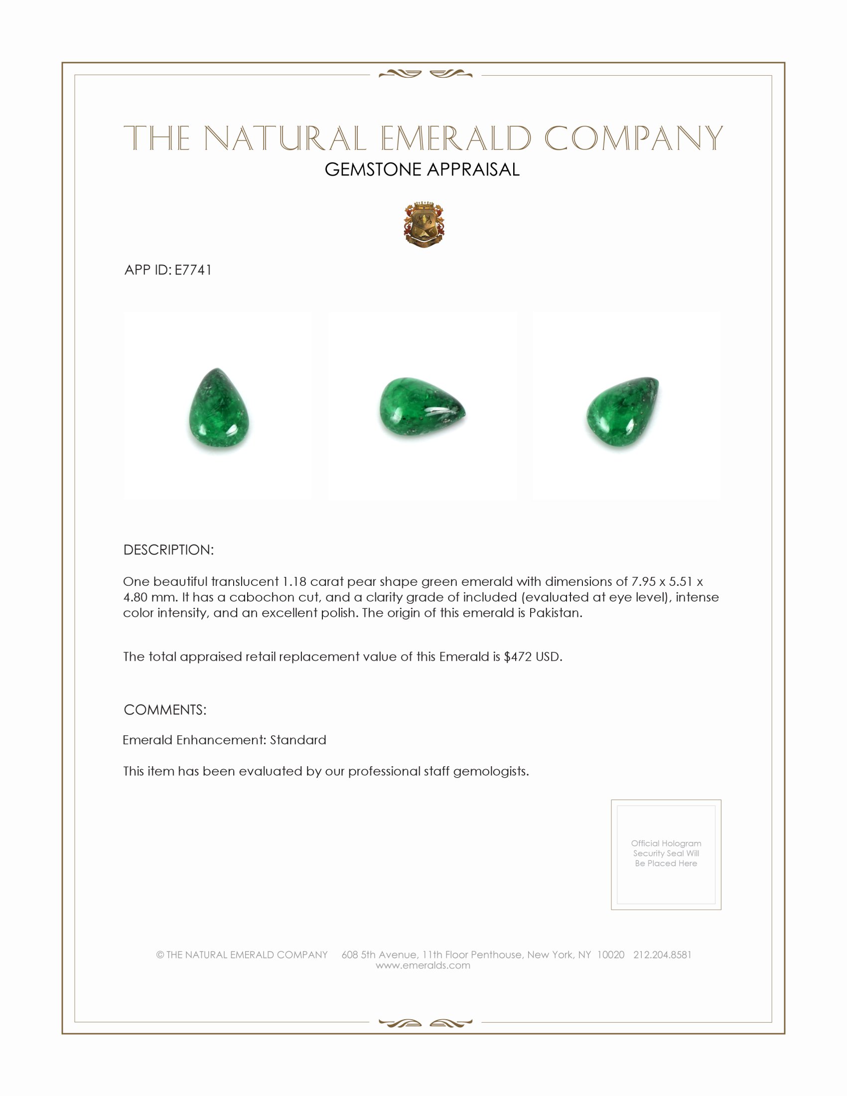 1.18 Ct. Cabochon Emerald from Pakistan