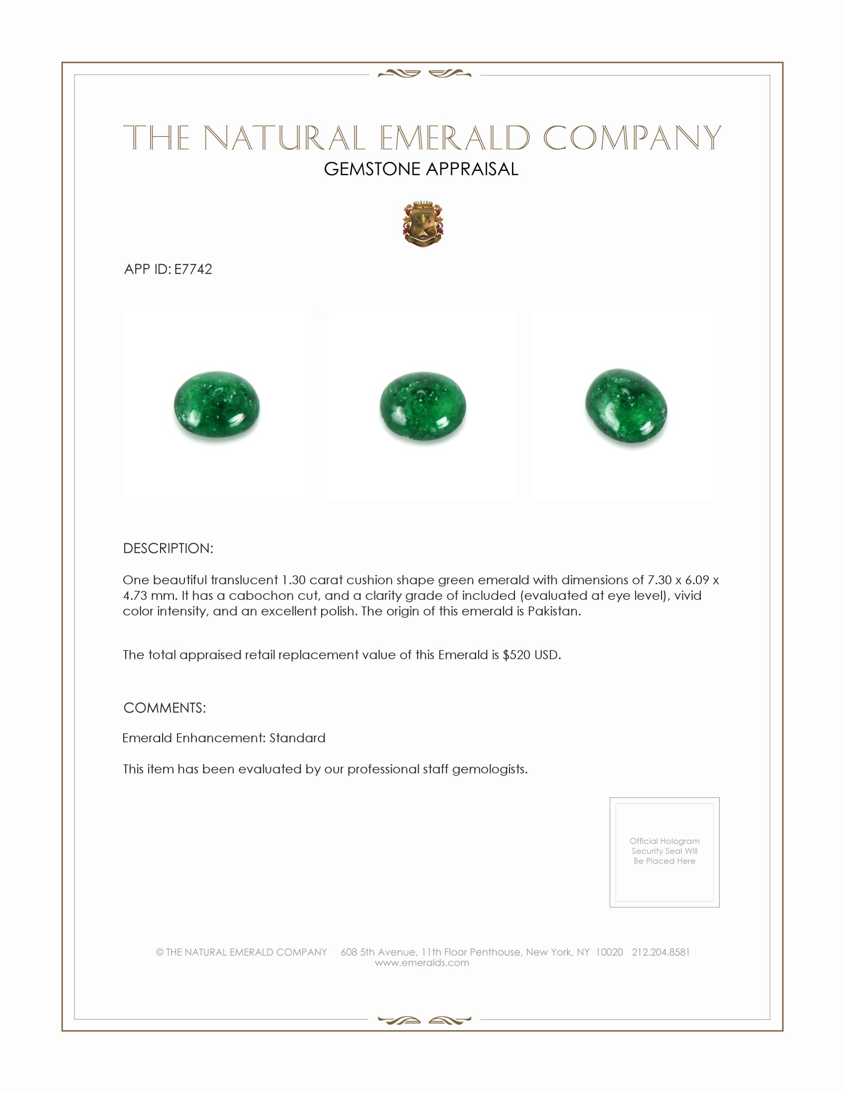 1.30 Ct. Cabochon Emerald from Pakistan