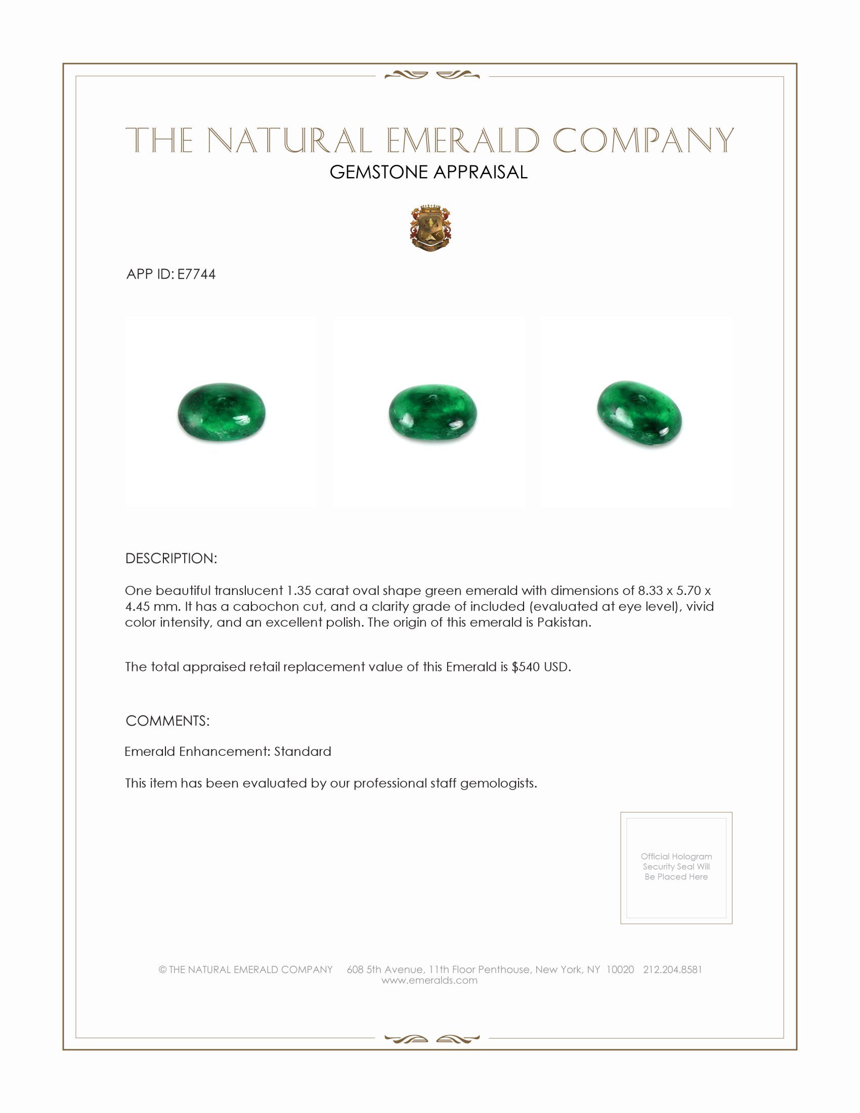 1.35 Ct. Cabochon Emerald from Pakistan