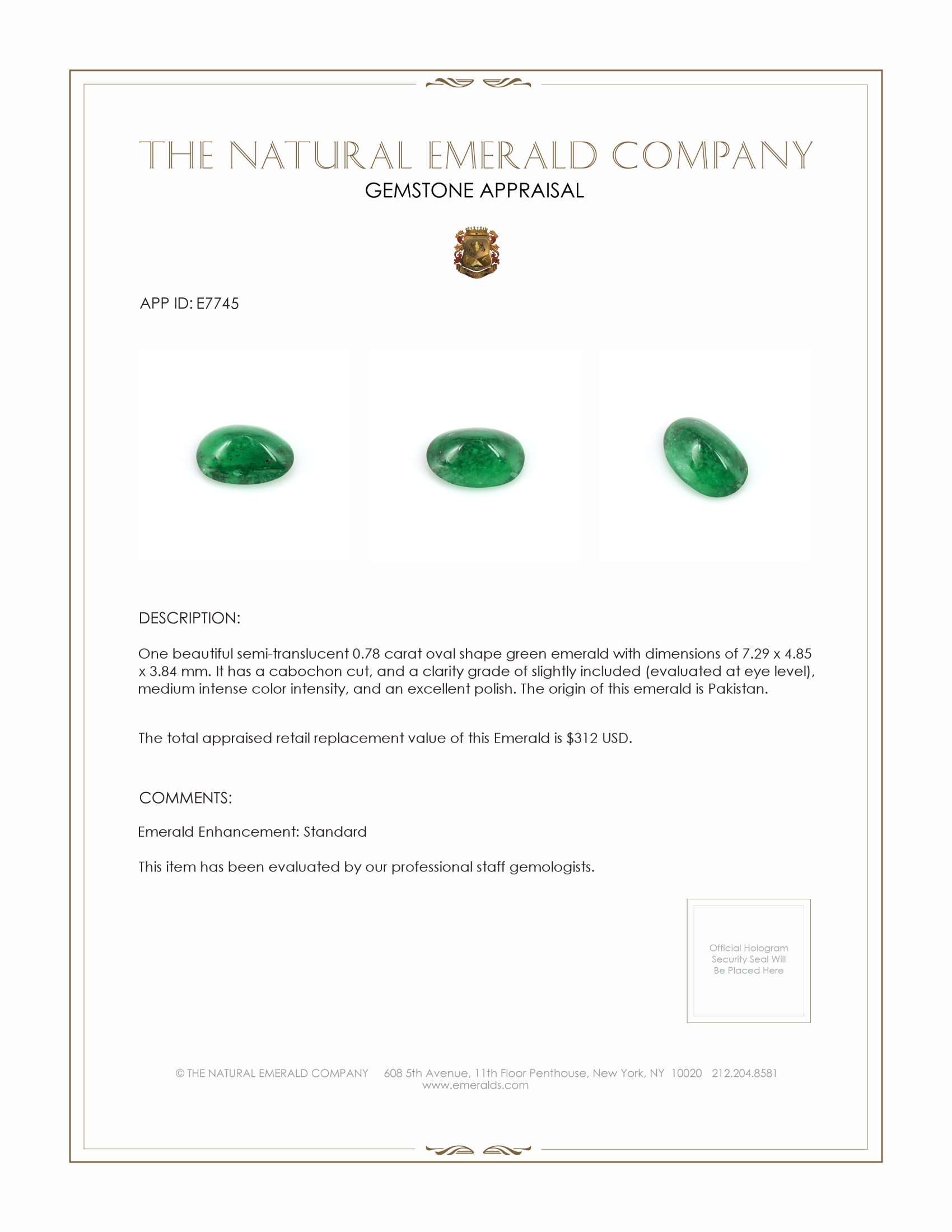 0.78 Ct. Cabochon Emerald from Pakistan