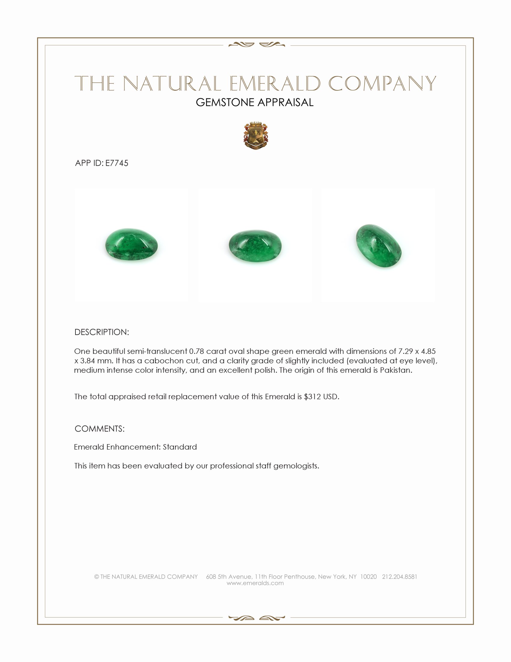 0.78 Ct. Cabochon Emerald from Pakistan