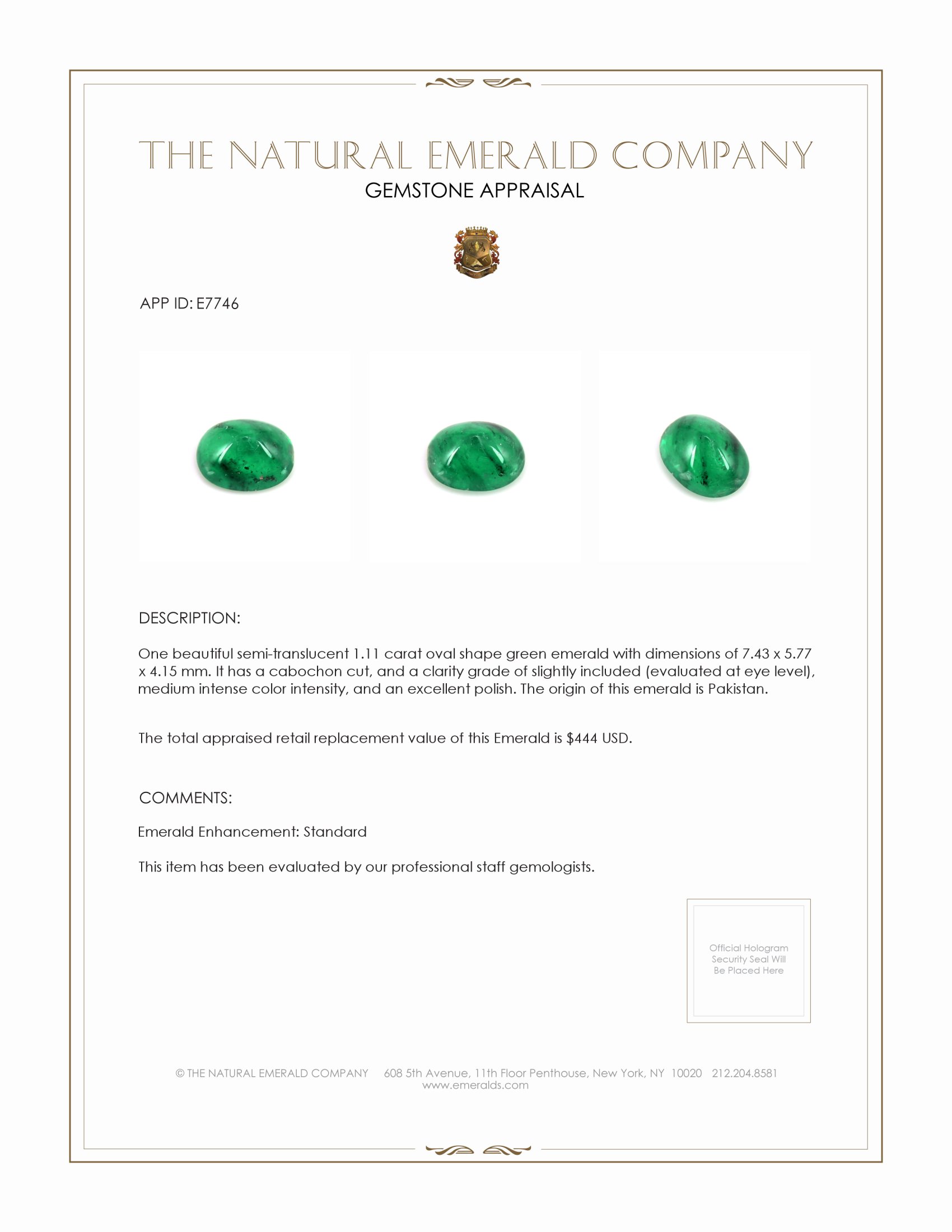 1.11 Ct. Cabochon Emerald from Pakistan