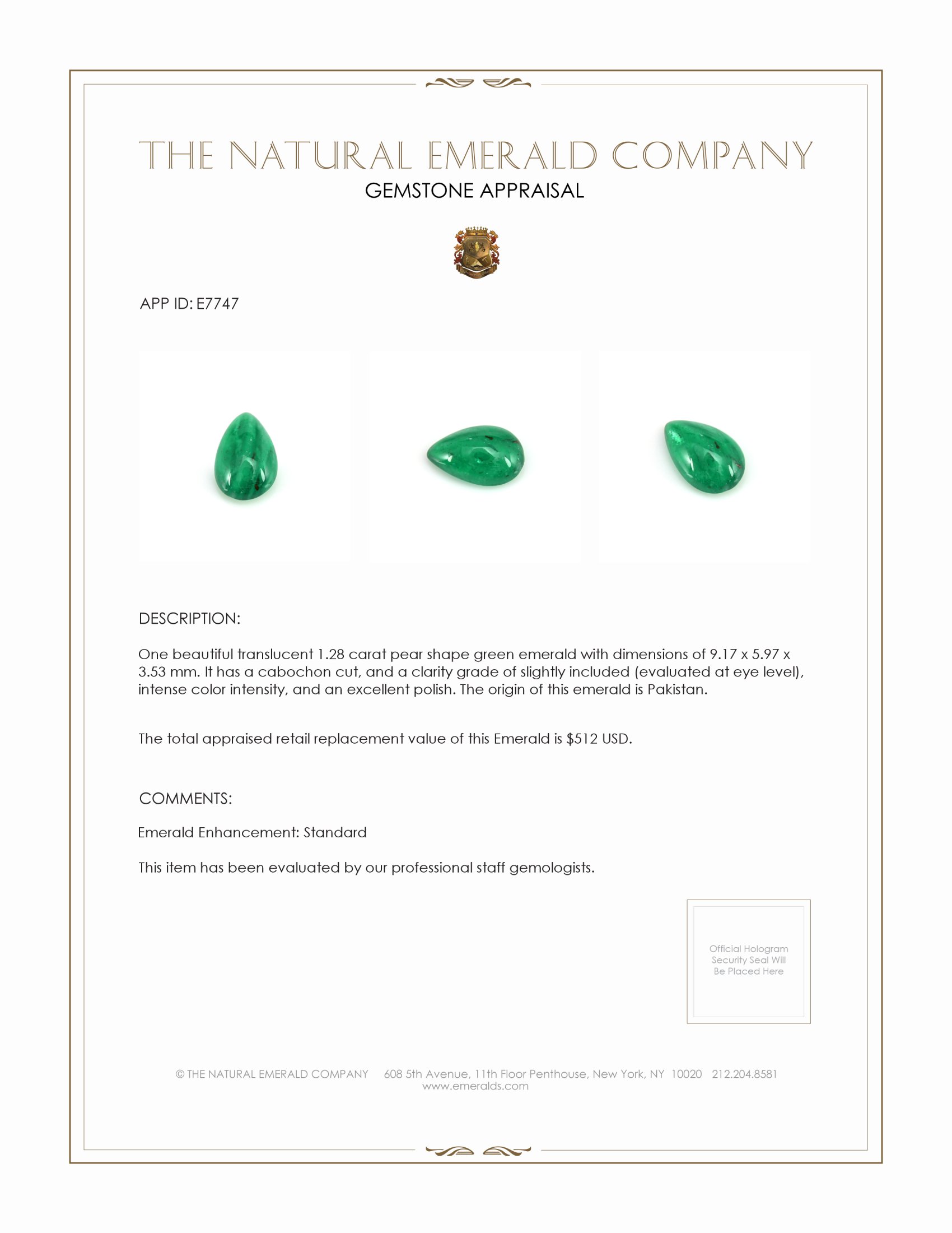 1.28 Ct. Cabochon Emerald from Pakistan