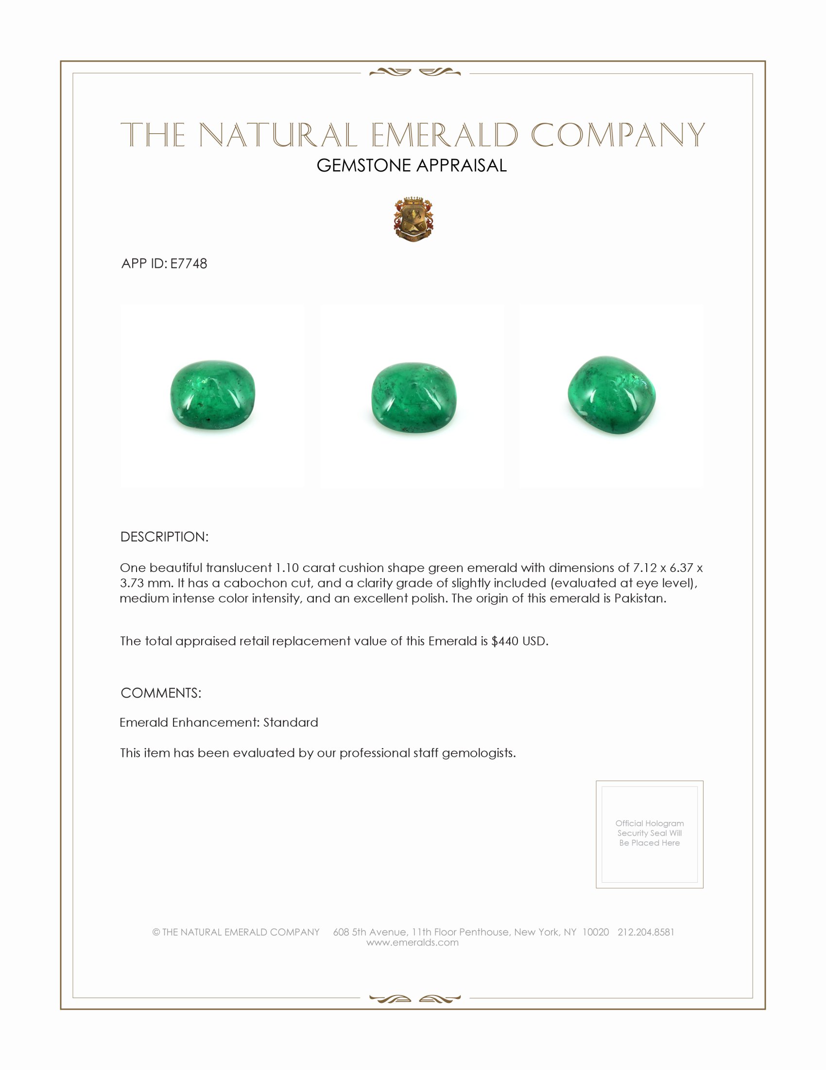 1.10 Ct. Cabochon Emerald from Pakistan