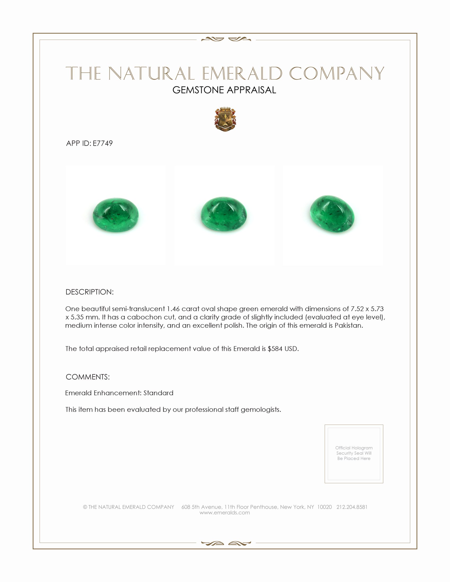 1.46 Ct. Cabochon Emerald from Pakistan