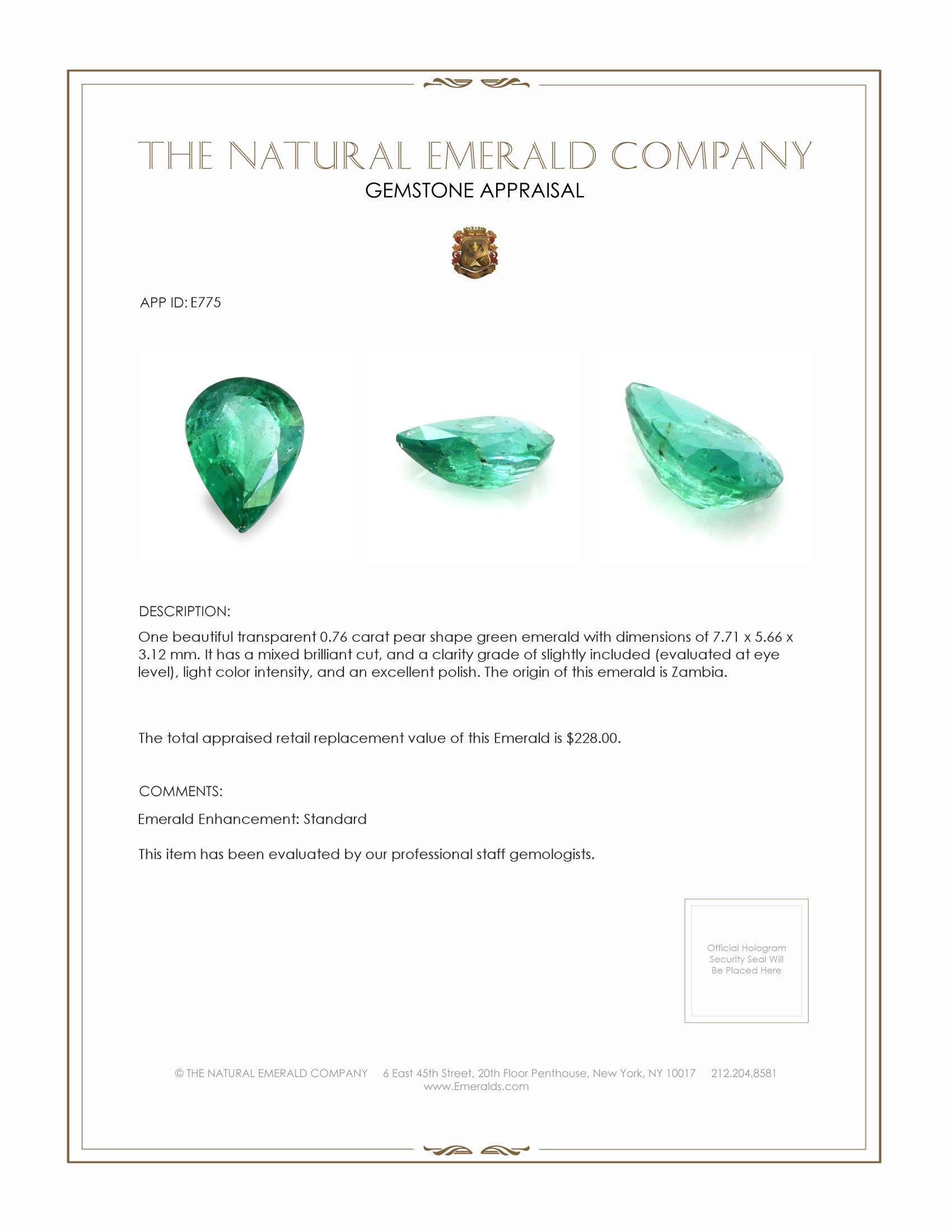 0.76 Ct. Emerald from Zambia