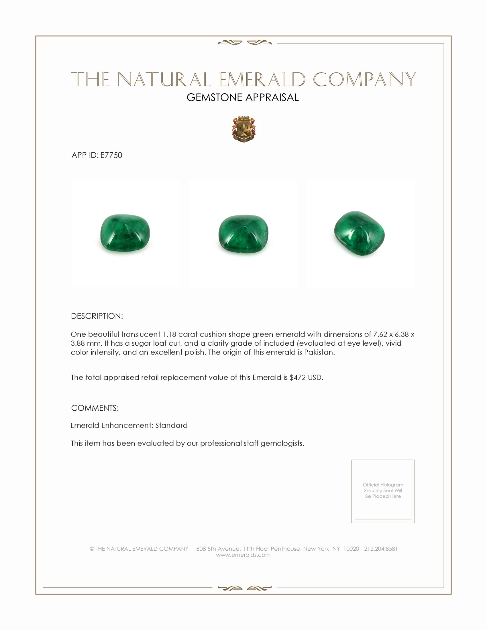 1.18 Ct. Cabochon Emerald from Pakistan