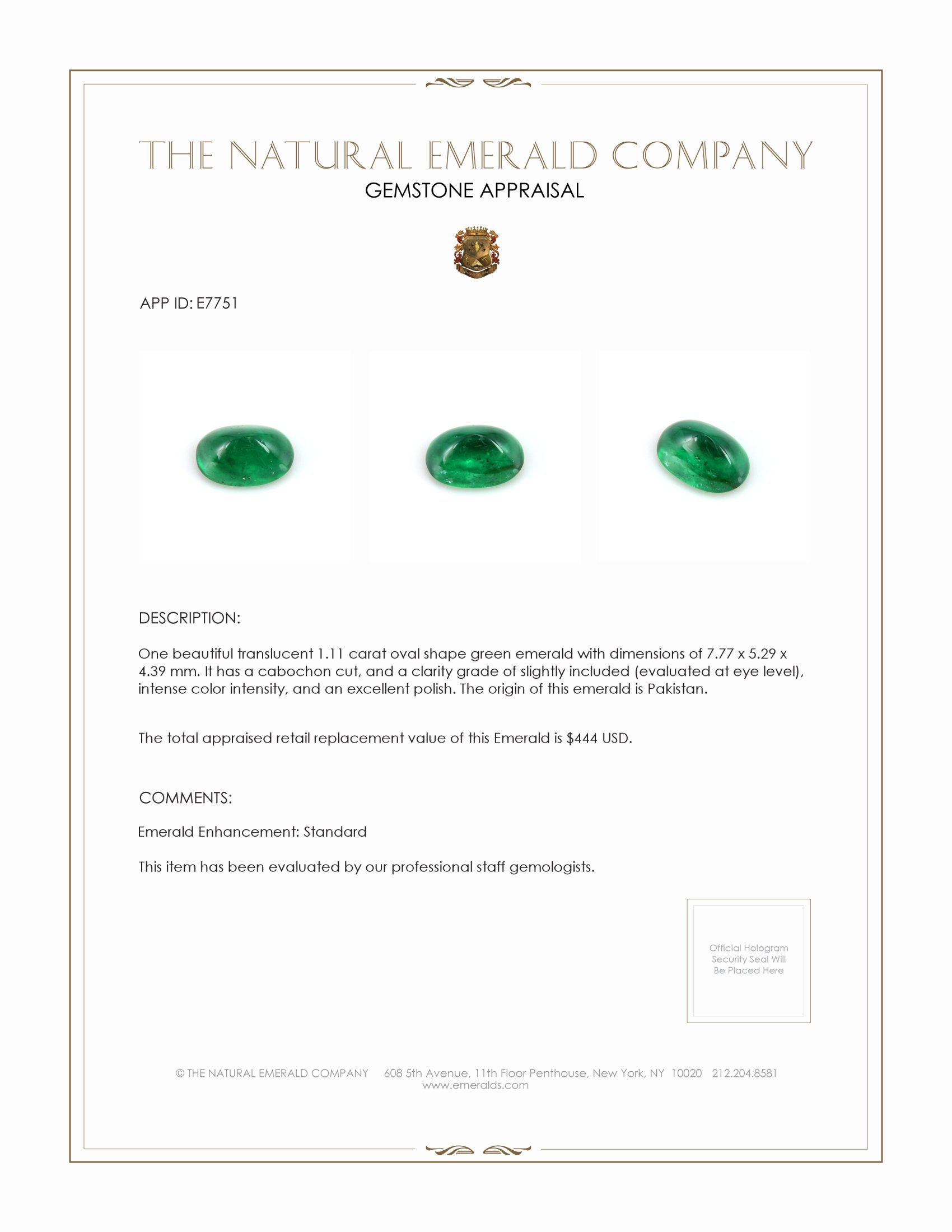 1.11 Ct. Cabochon Emerald from Pakistan