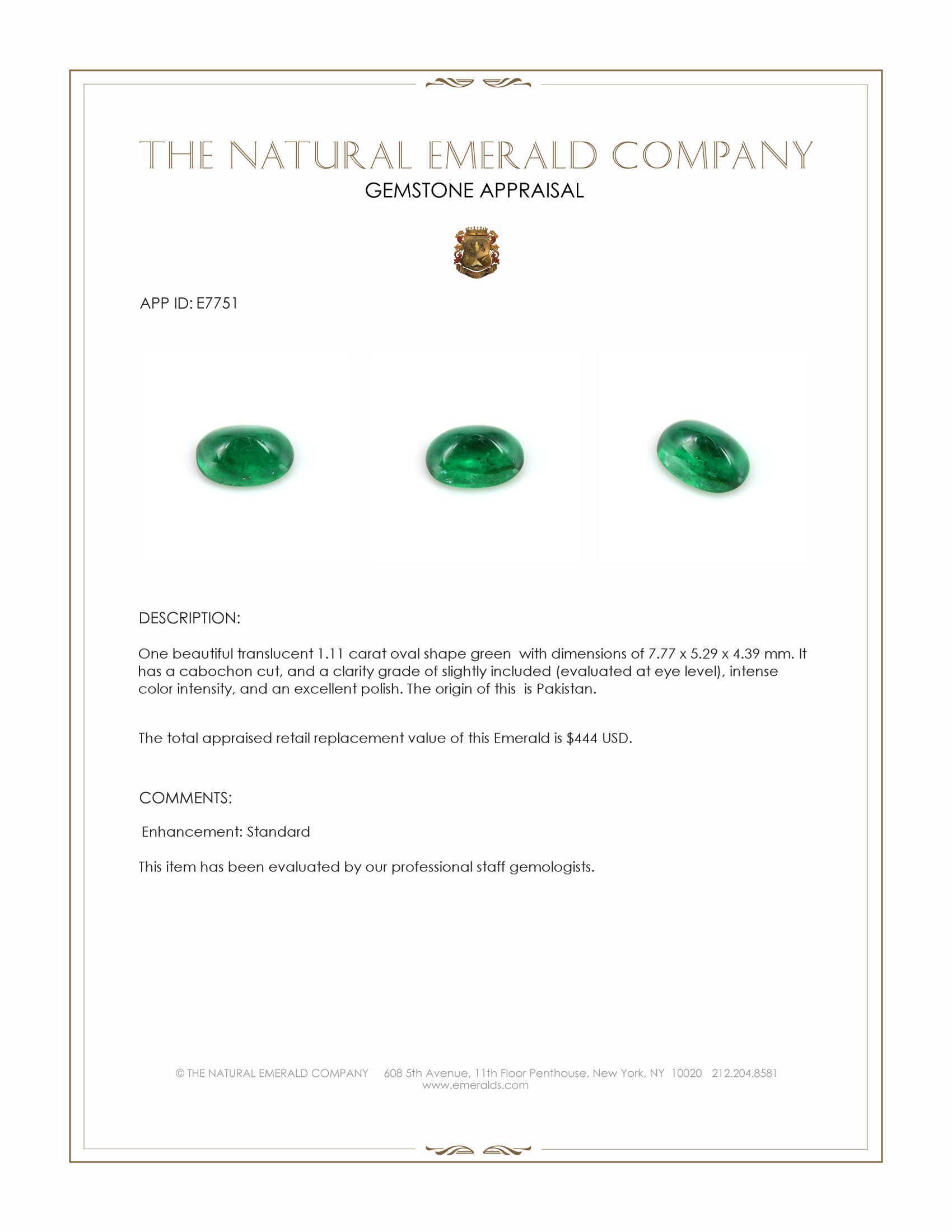 1.11 Ct. Cabochon Emerald from Pakistan