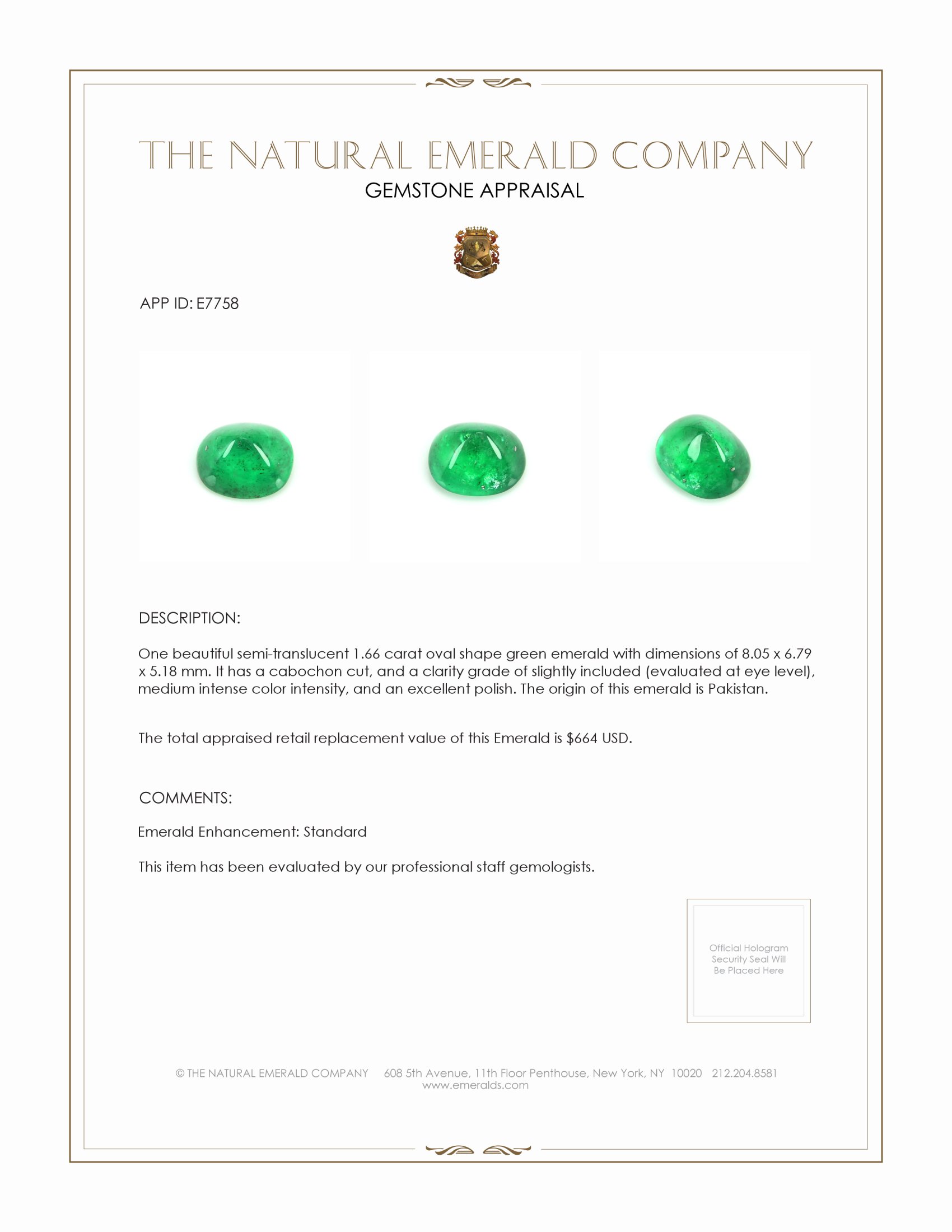 1.66 Ct. Cabochon Emerald from Pakistan