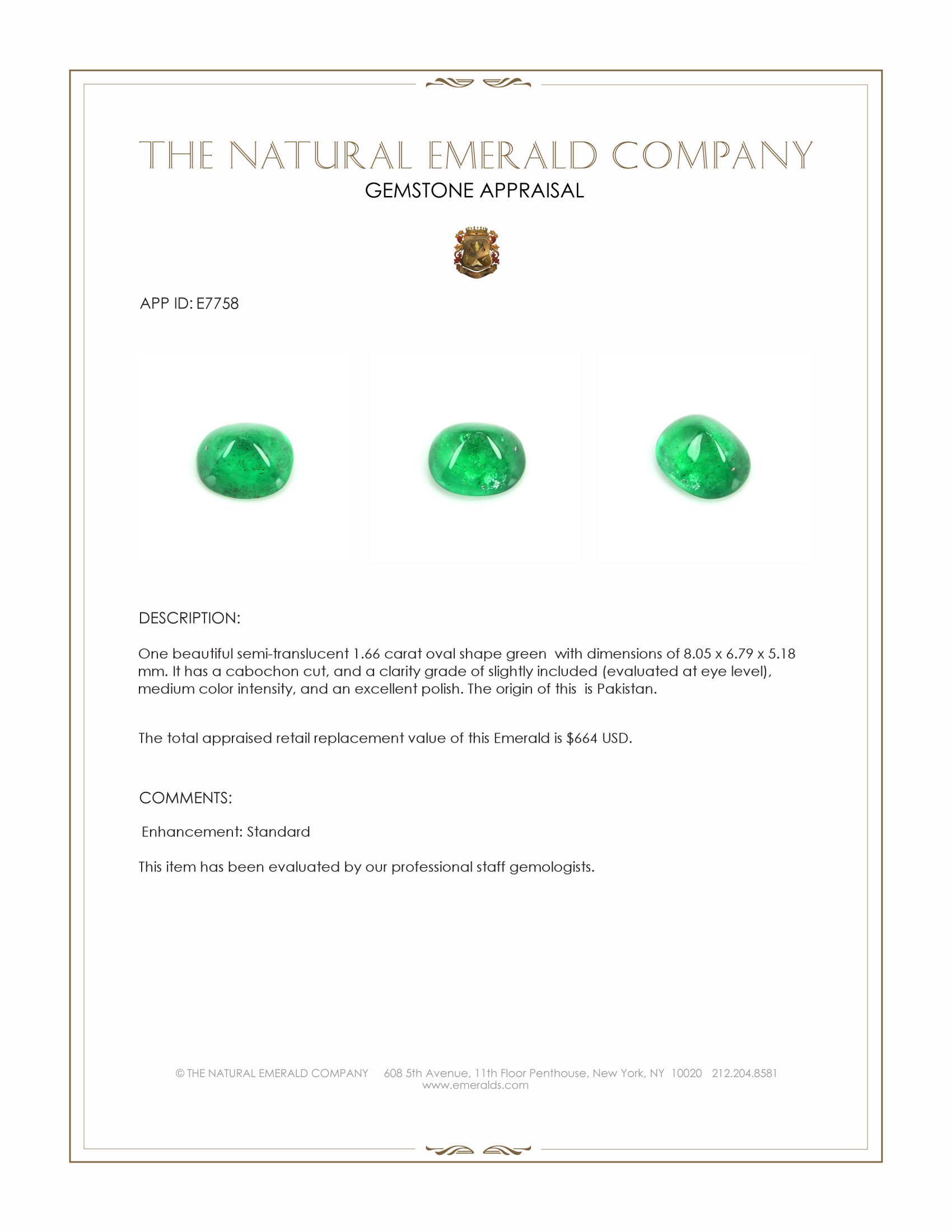 1.66 Ct. Cabochon Emerald from Pakistan