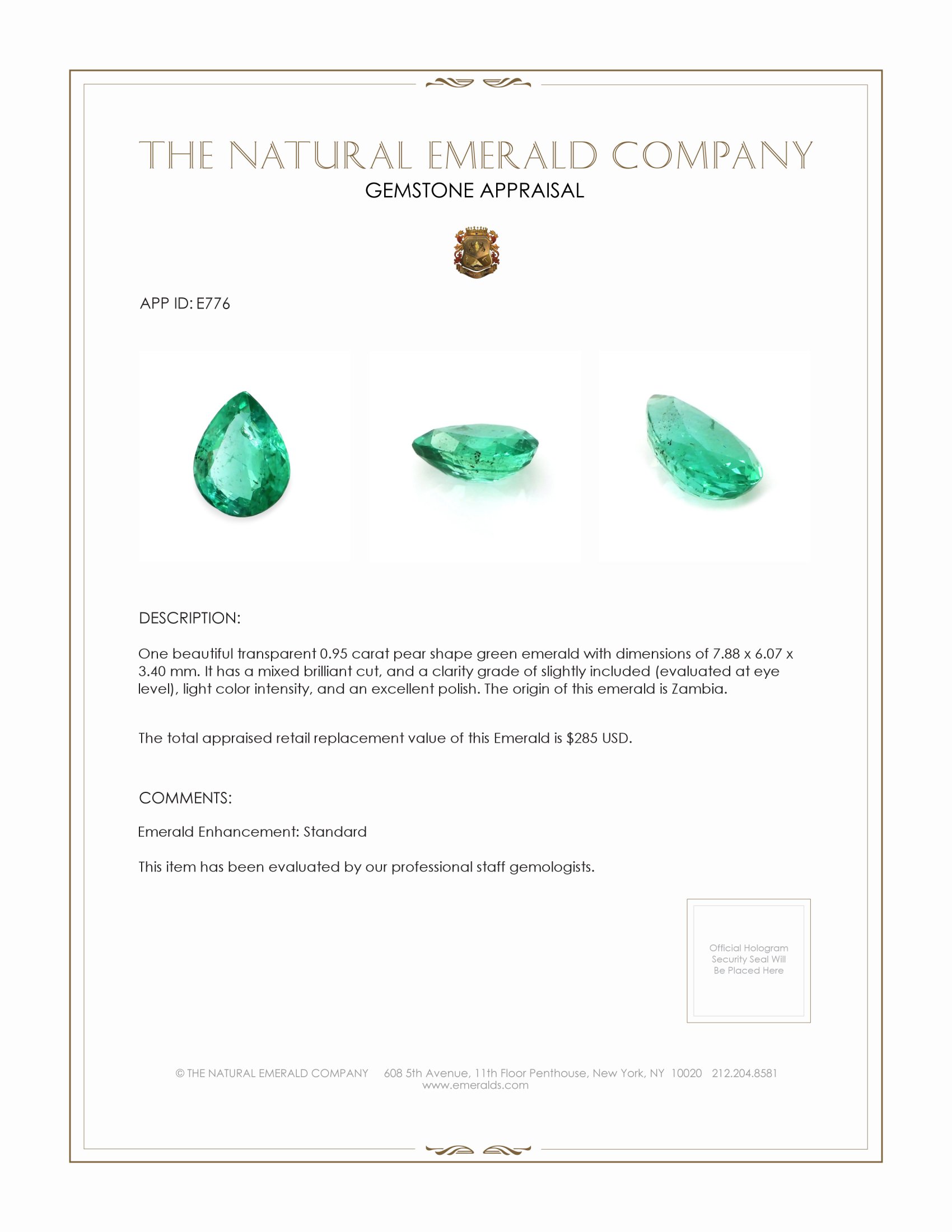 0.95 Ct. Emerald from Zambia