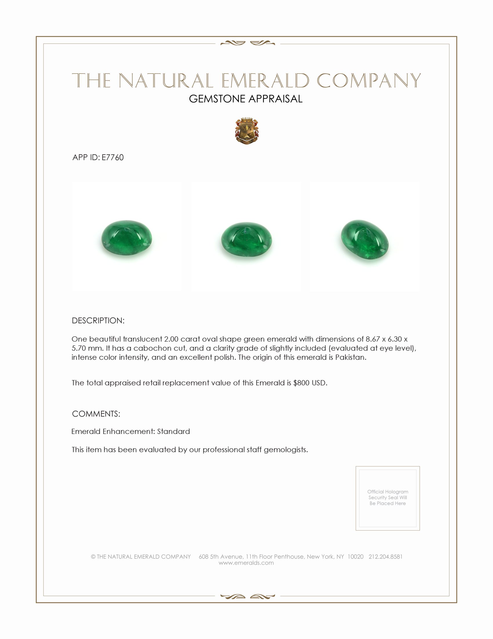 2.00 Ct. Cabochon Emerald from Pakistan