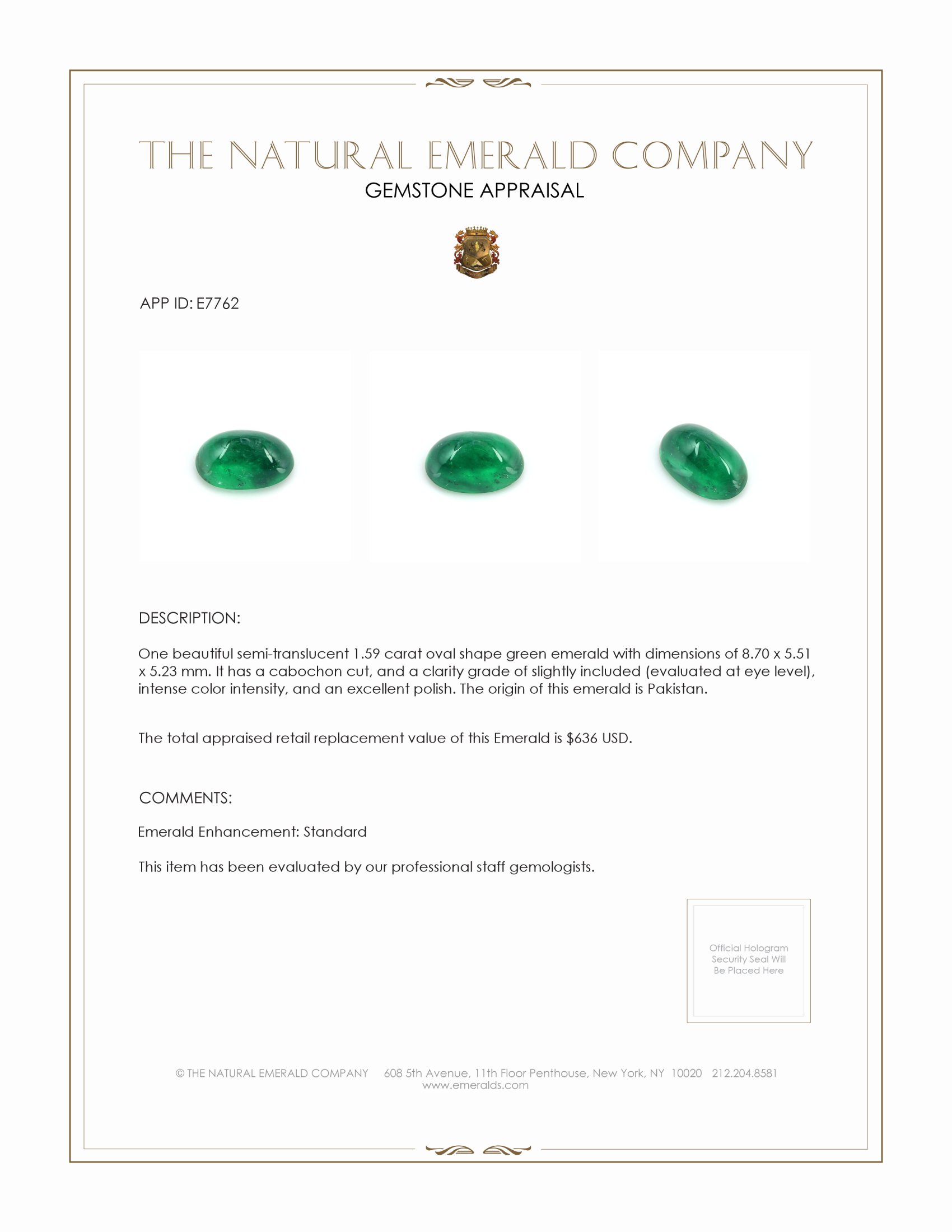 1.59 Ct. Cabochon Emerald from Pakistan