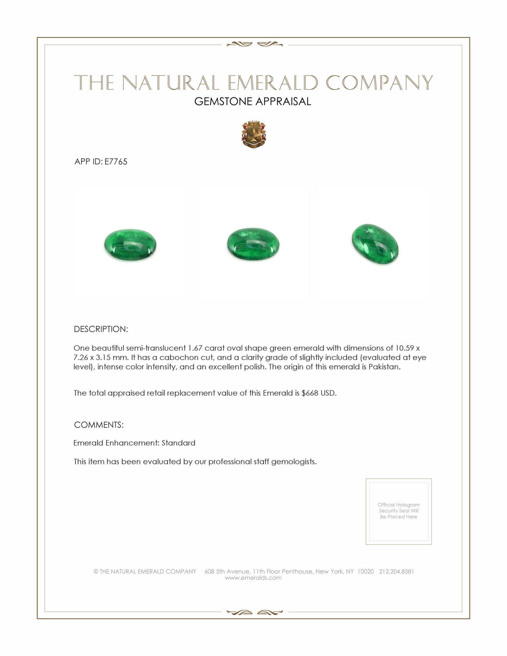 1.67 Ct. Cabochon Emerald from Pakistan