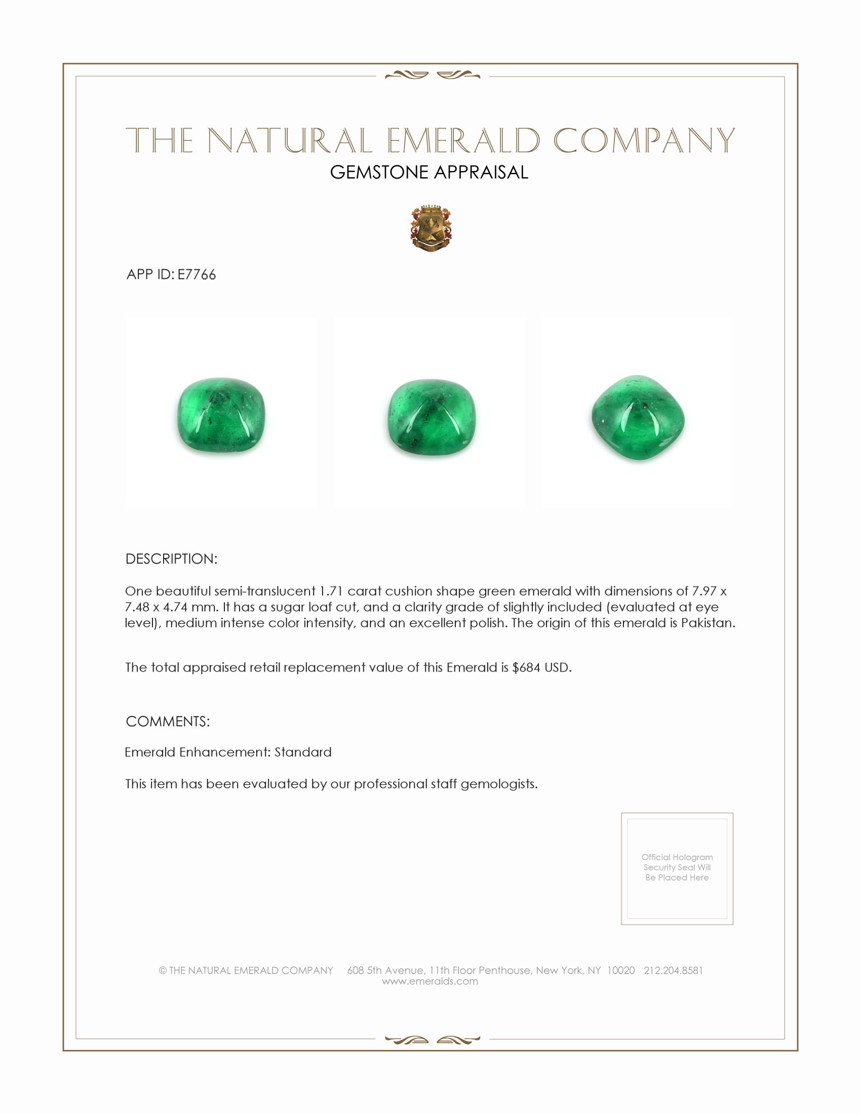 1.71 Ct. Cabochon Emerald from Pakistan