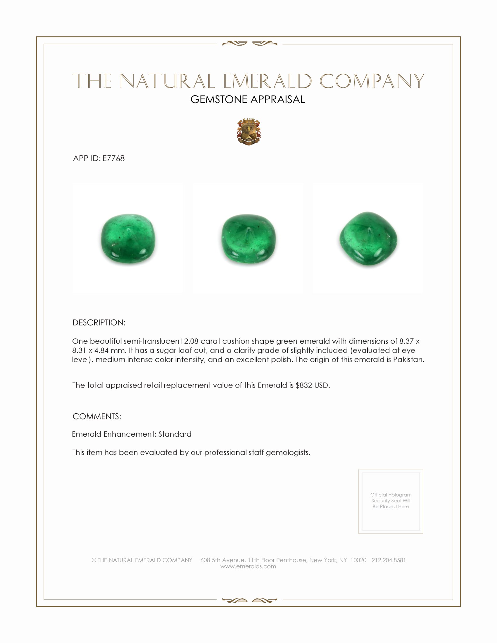 2.08 Ct. Cabochon Emerald from Pakistan