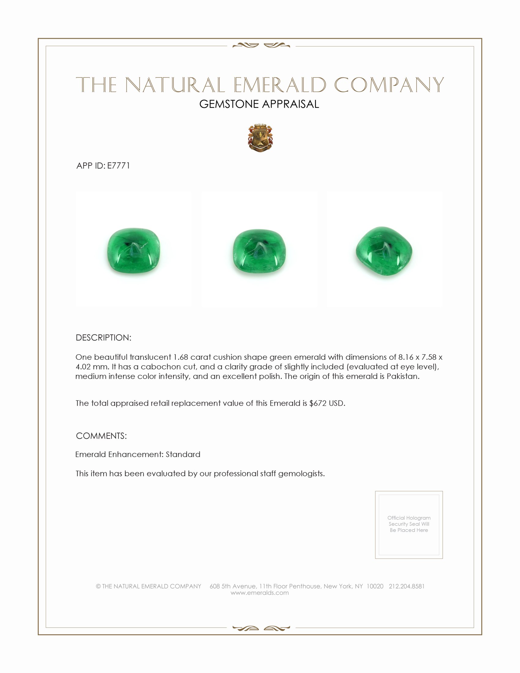 1.68 Ct. Cabochon Emerald from Pakistan