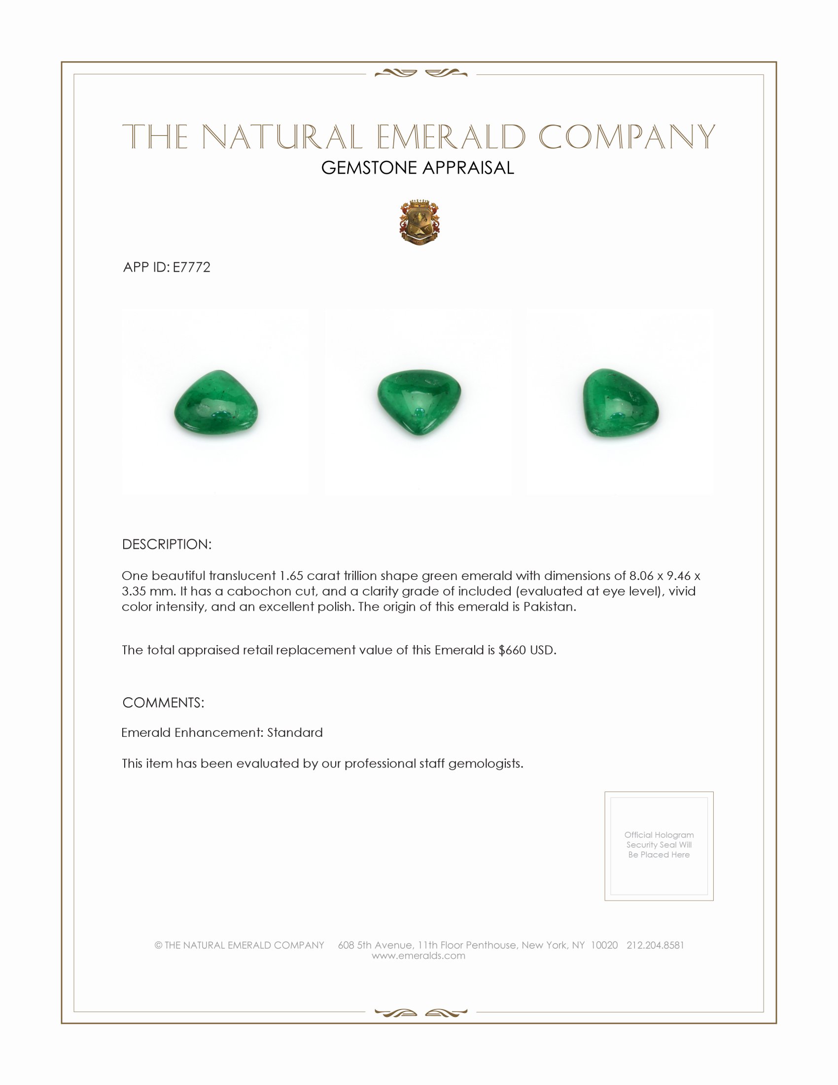 1.65 Ct. Cabochon Emerald from Pakistan