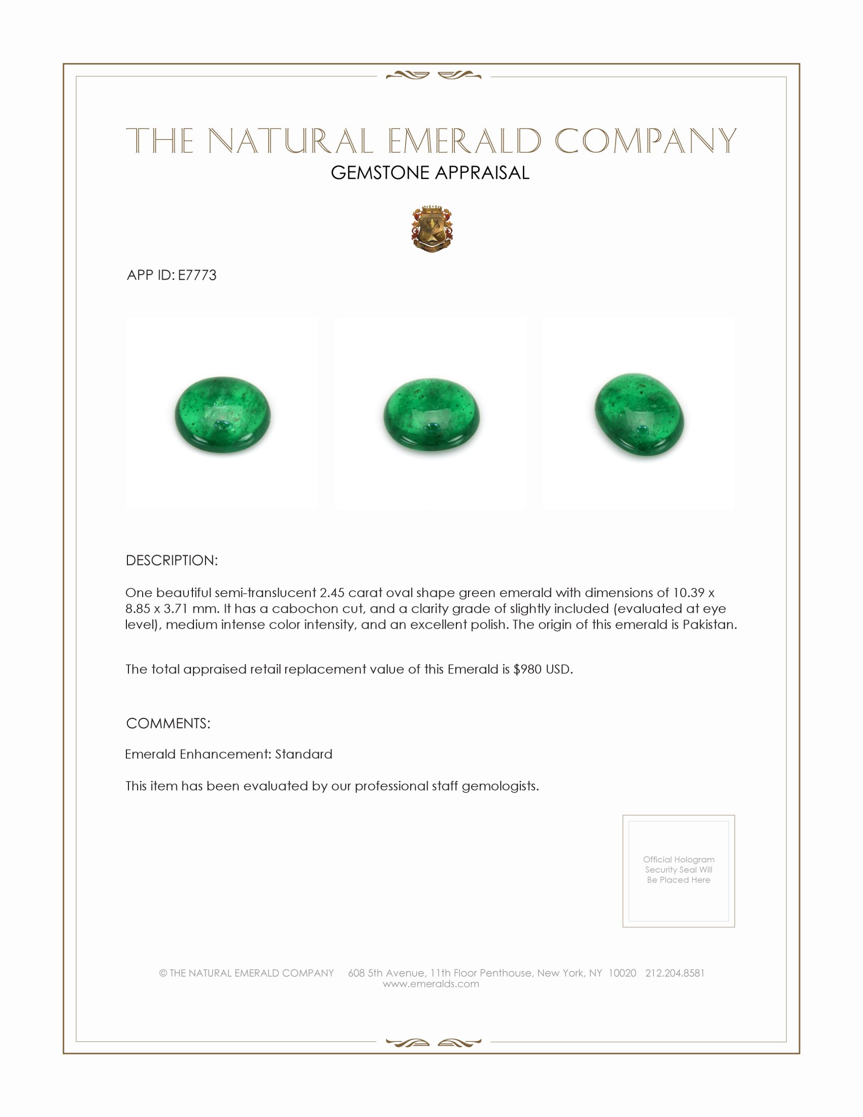 2.45 Ct. Cabochon Emerald from Pakistan